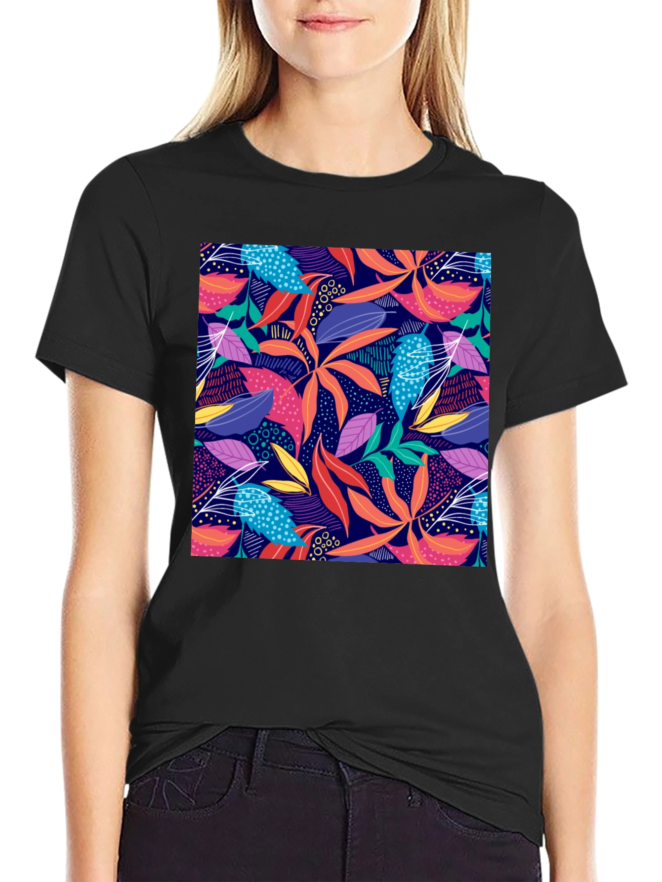 Black Vibrant Floral Print Black T-Shirt view 2