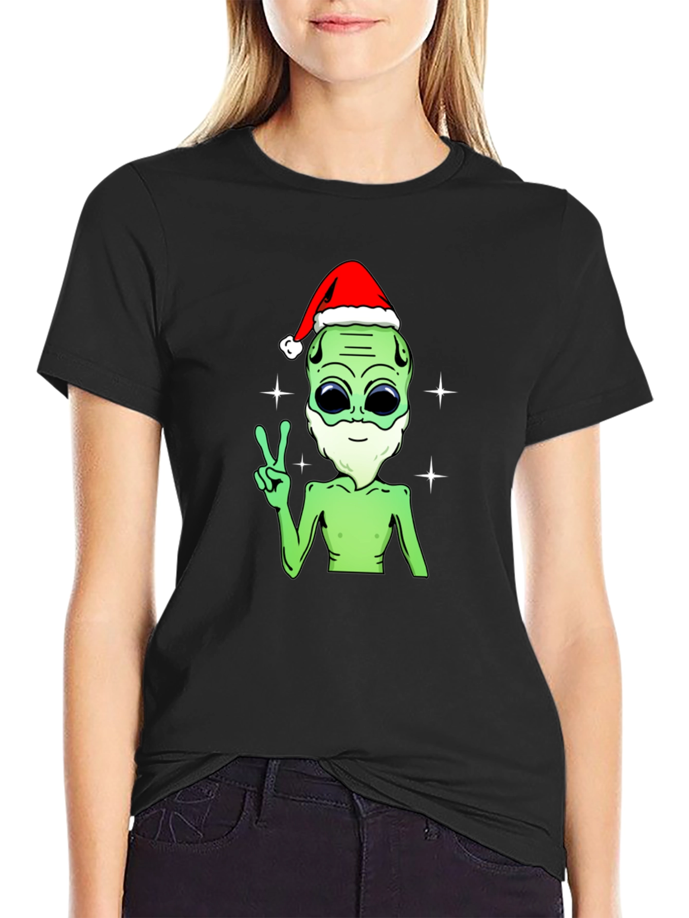 Black Festive Alien T-Shirt - Peace, Love, and Holiday Cheer! view 2