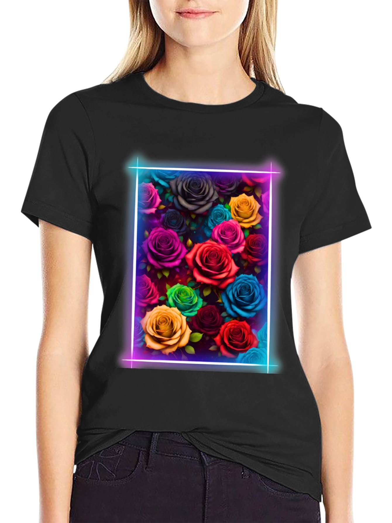 Black Neon Roses Graphic Tee - Vibrant Floral Design view 2
