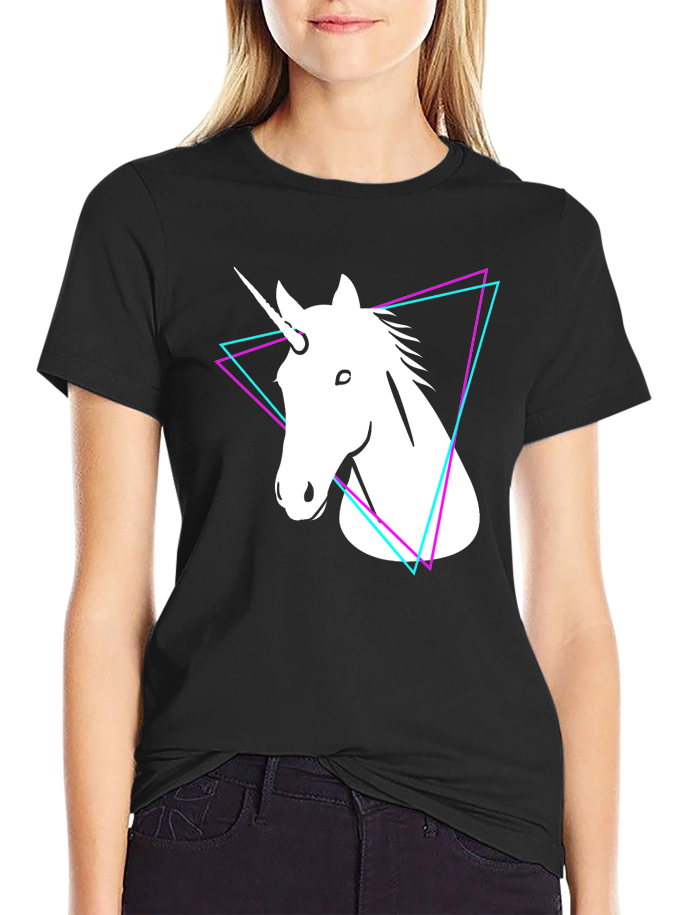 Black Unicorn Triangle Graphic Tee - Black Cotton T-Shirt view 2