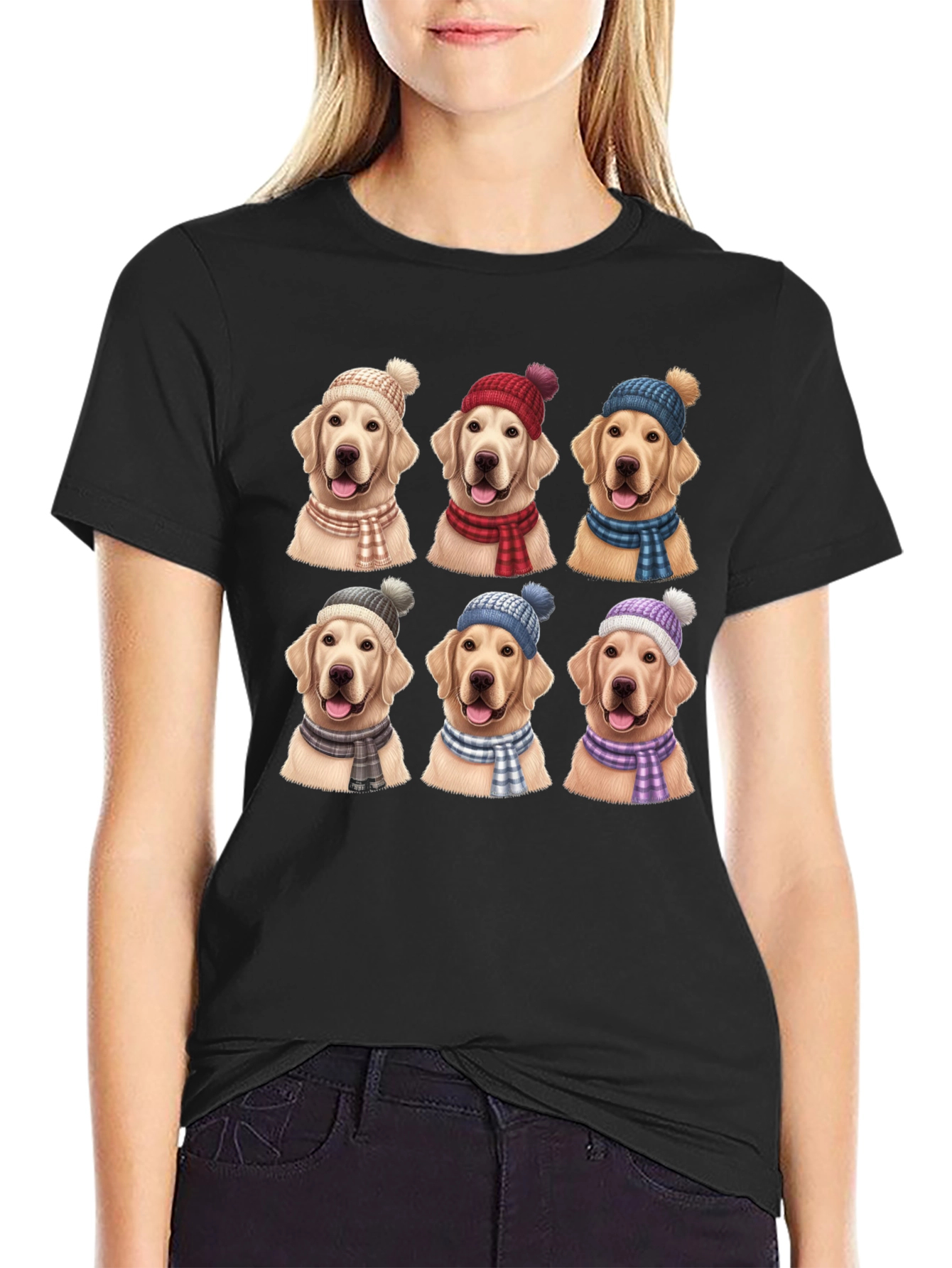 Black Dog Lover T-Shirt: Golden Retrievers in Winter Hats view 2