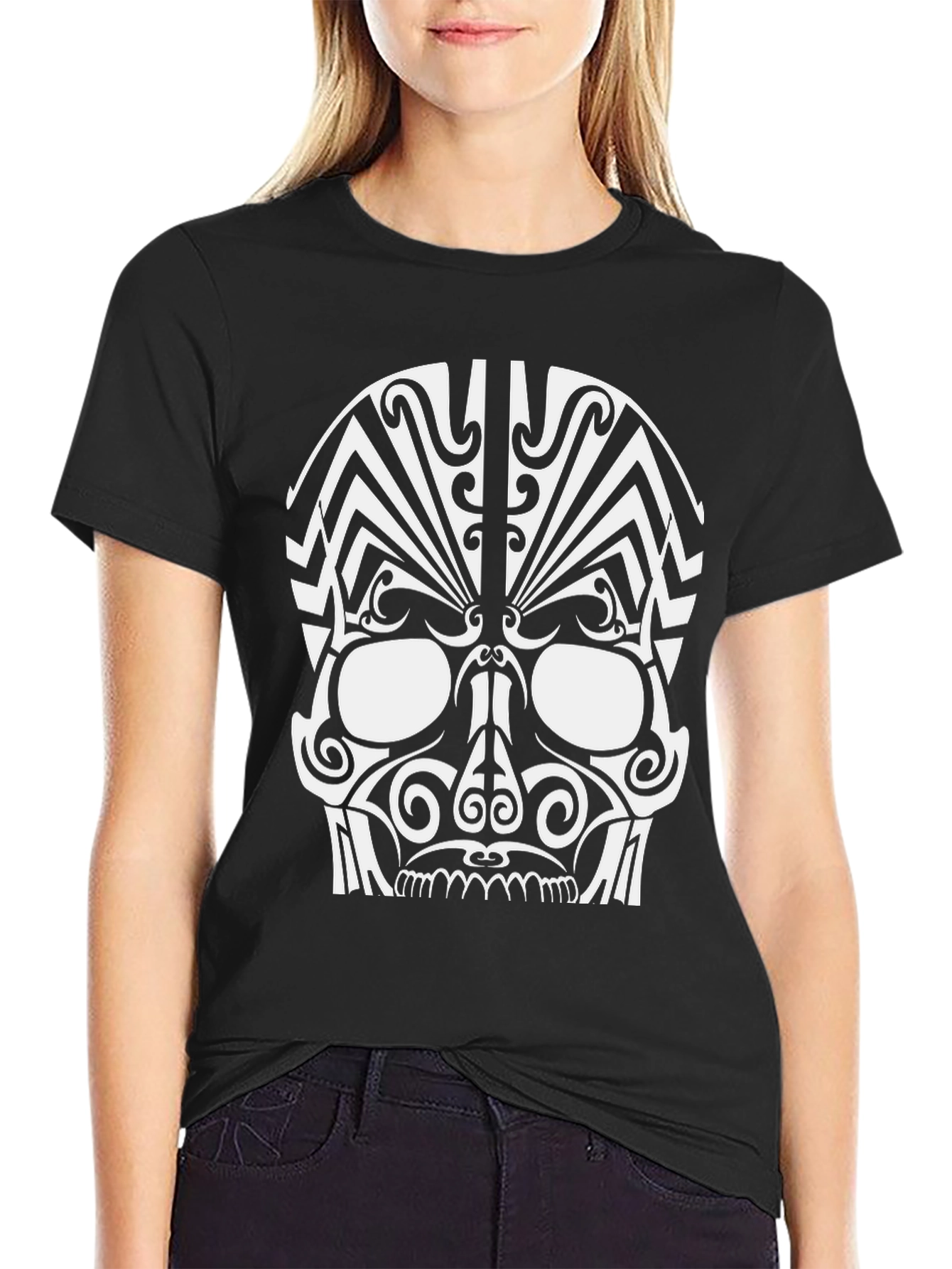 Black Tribal Skull Graphic Black T-Shirt view 2