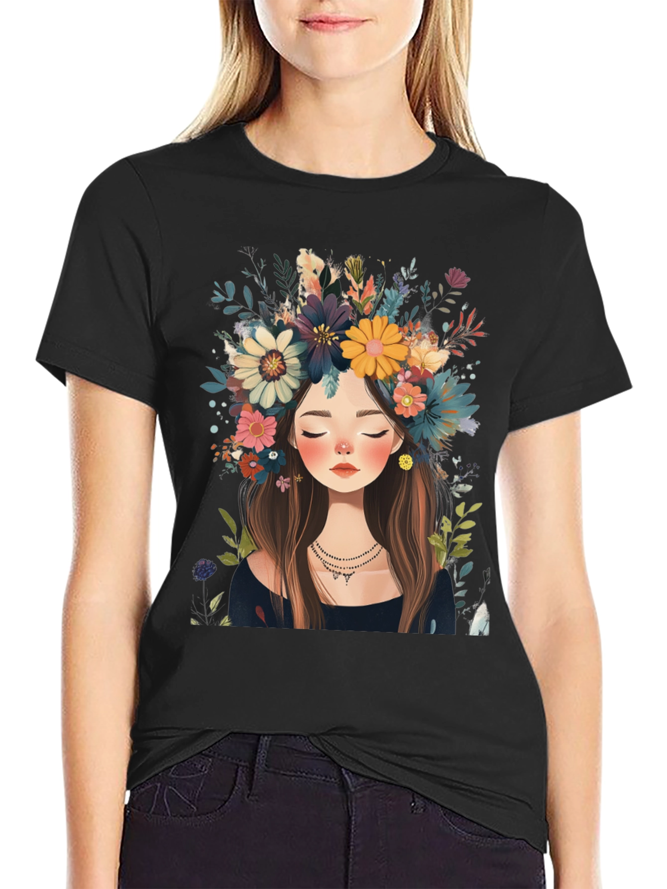 Black Floral Crown Girl Black T-Shirt view 2