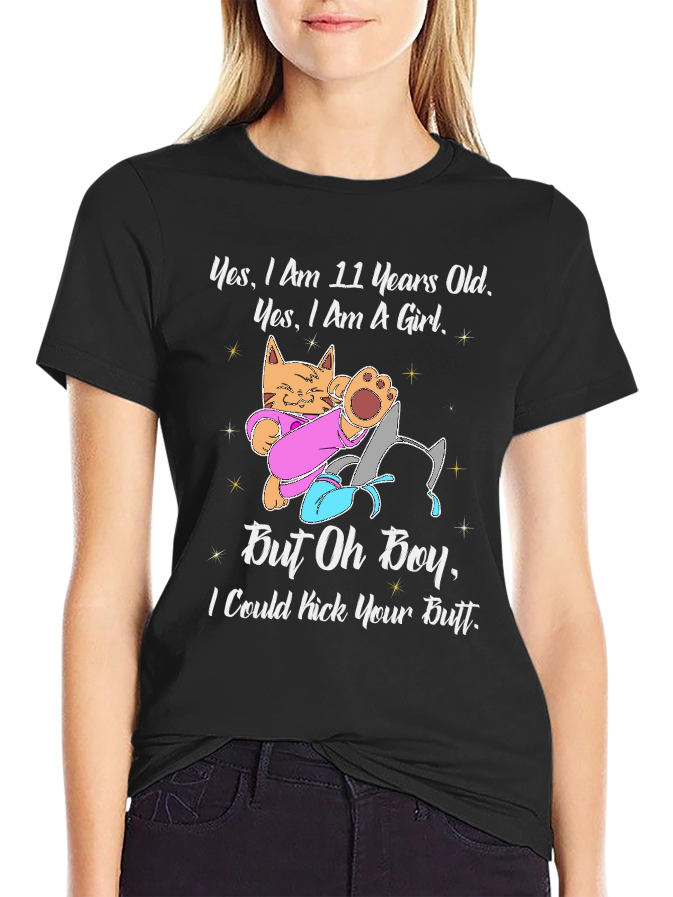 Black 11 Year Old Girl Cat Kick Butt Funny T-Shirt view 2