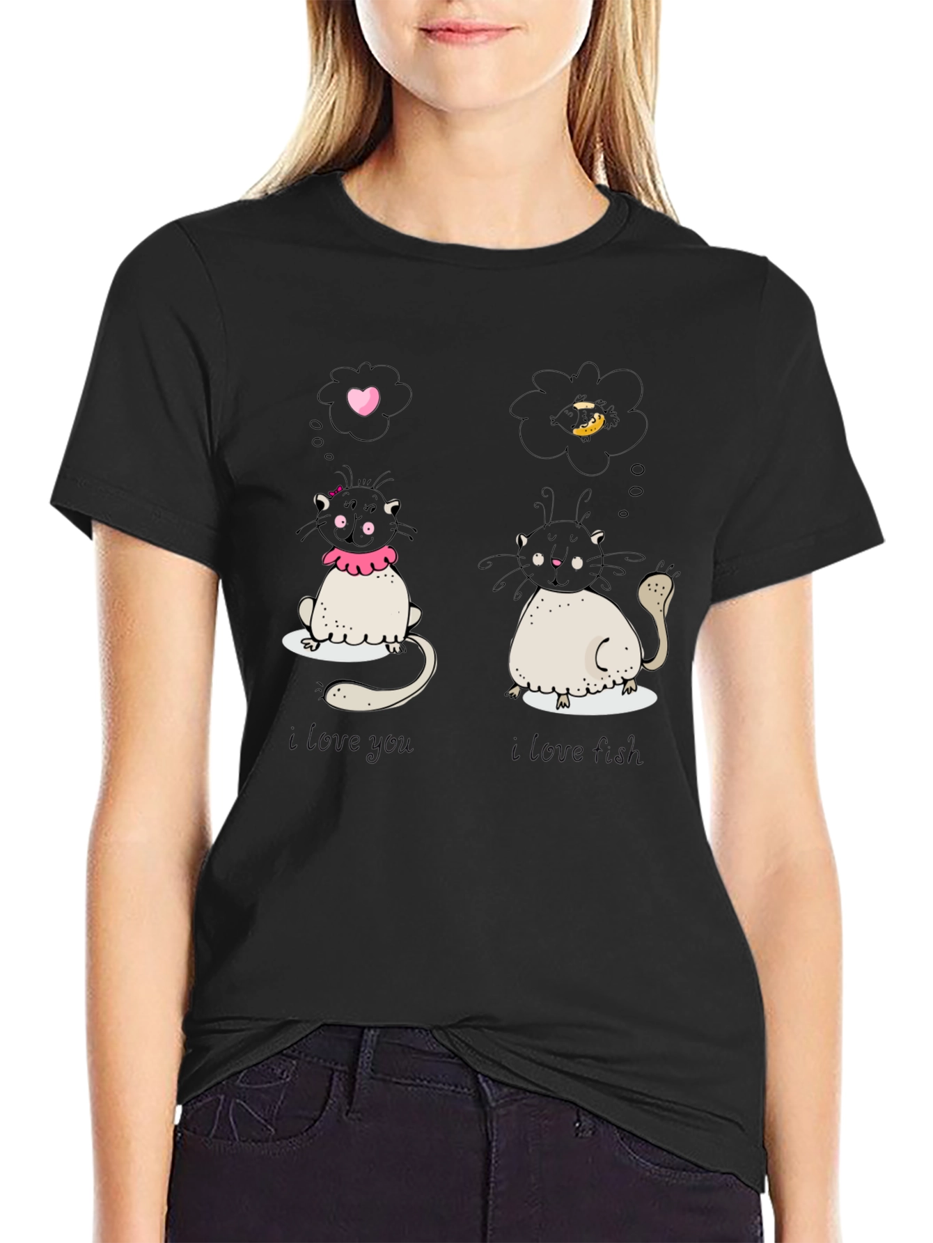 Black Cute Cat Love and Food Graphic Black T-Shirt view 2