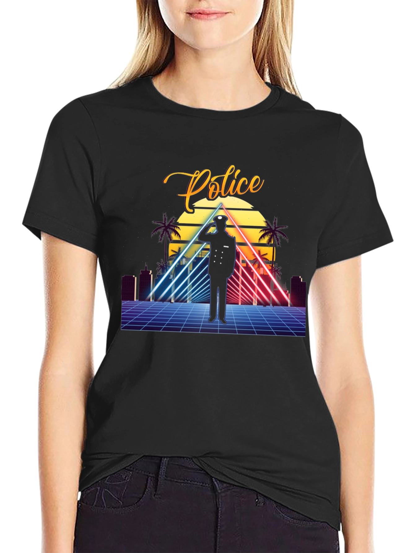 Black Retro Police Graphic T-Shirt - Synthwave Design view 2