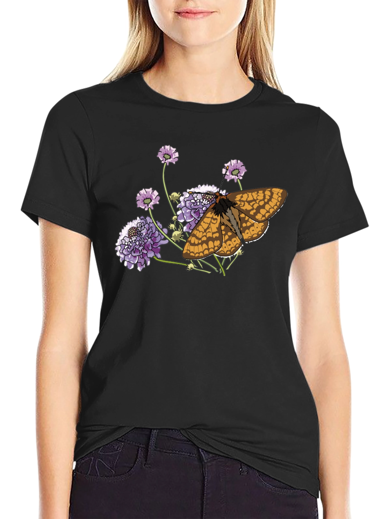 Black Butterfly and Flower Graphic Black T-Shirt view 2
