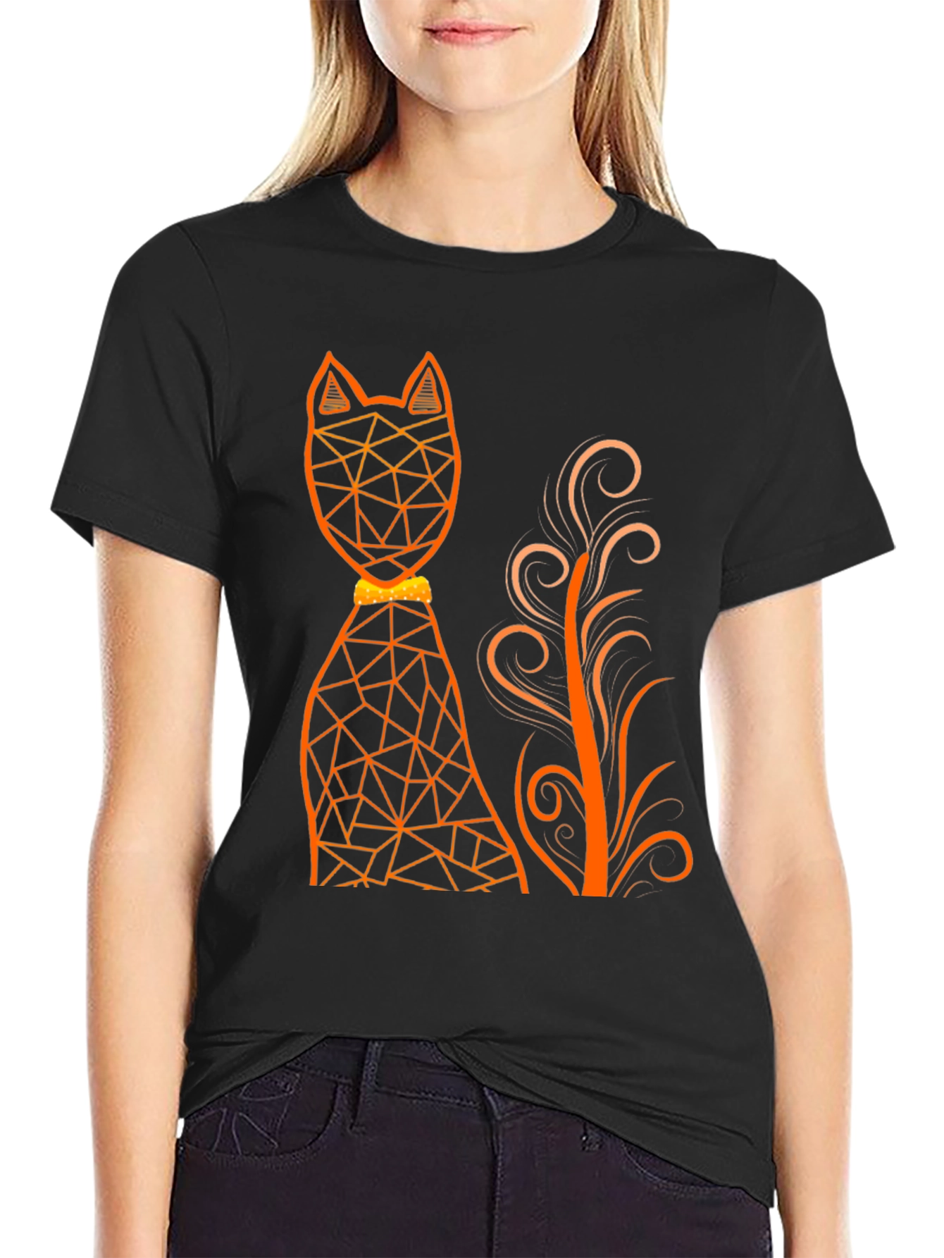 Black Geometric Cat Graphic Tee - Modern Art T-Shirt view 2
