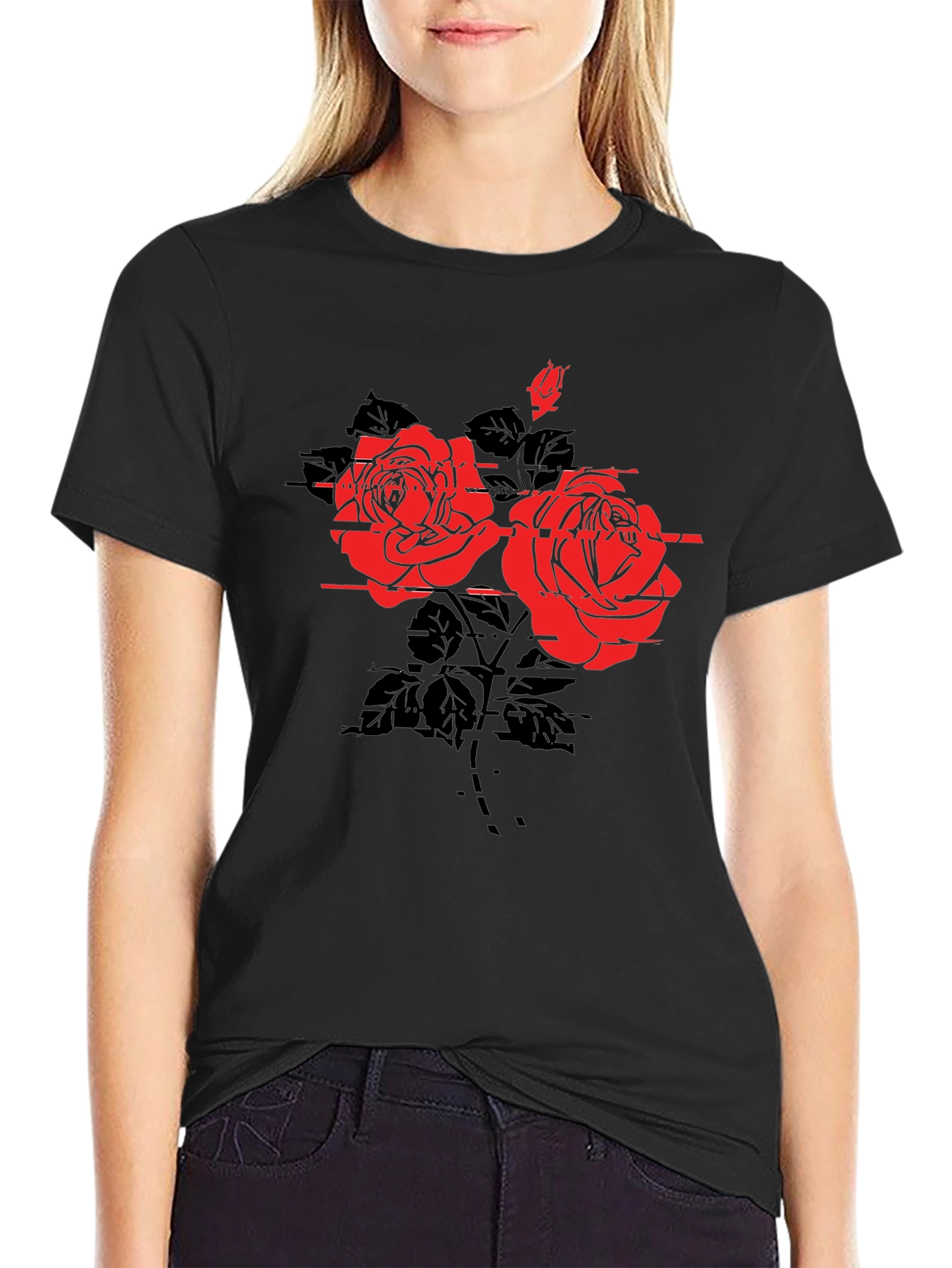 Black Edgy Floral Tee - Black Rose Graphic T-Shirt view 2