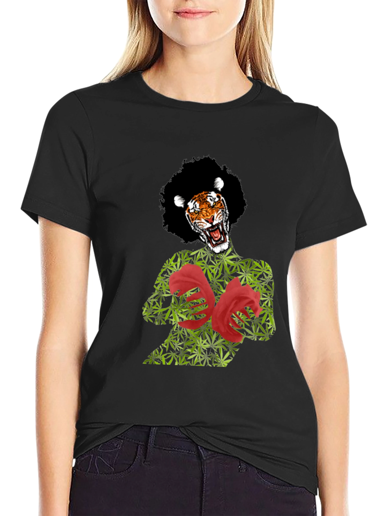 Black Tiger Pot Leaf & Rose Graphic T-Shirt view 2
