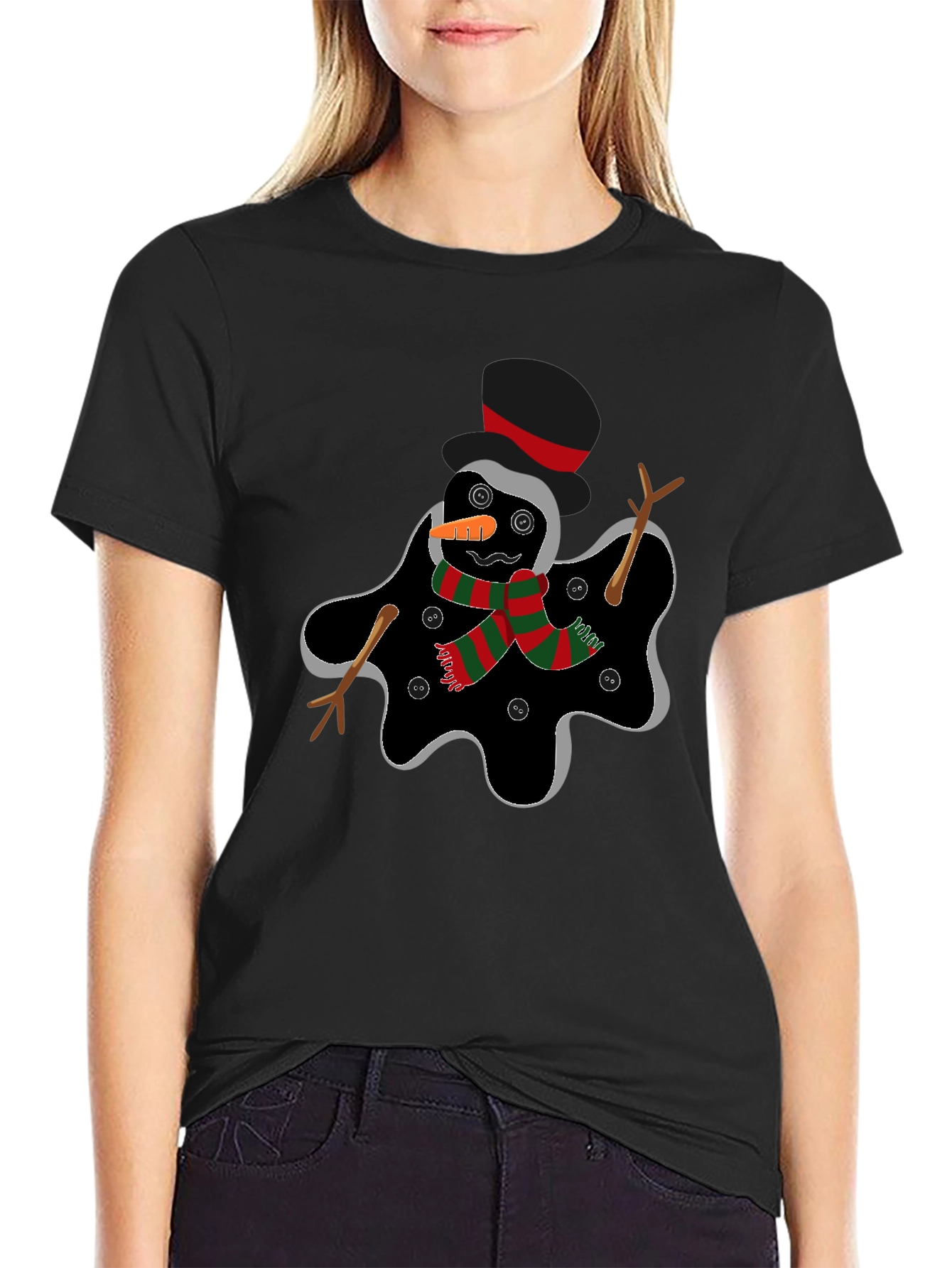 Black Melting Snowman Graphic Tee - Funny Holiday Shirt view 2