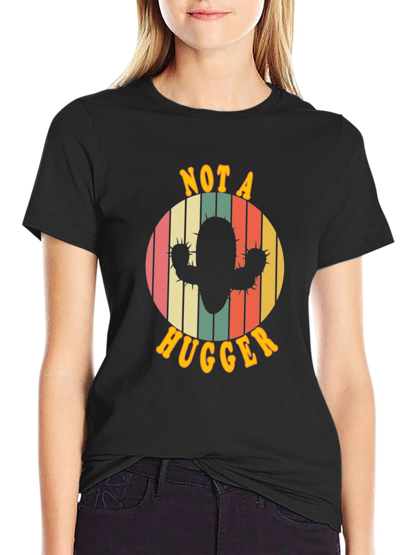 Black Not A Hugger Cactus Graphic Tee - Retro Style view 2