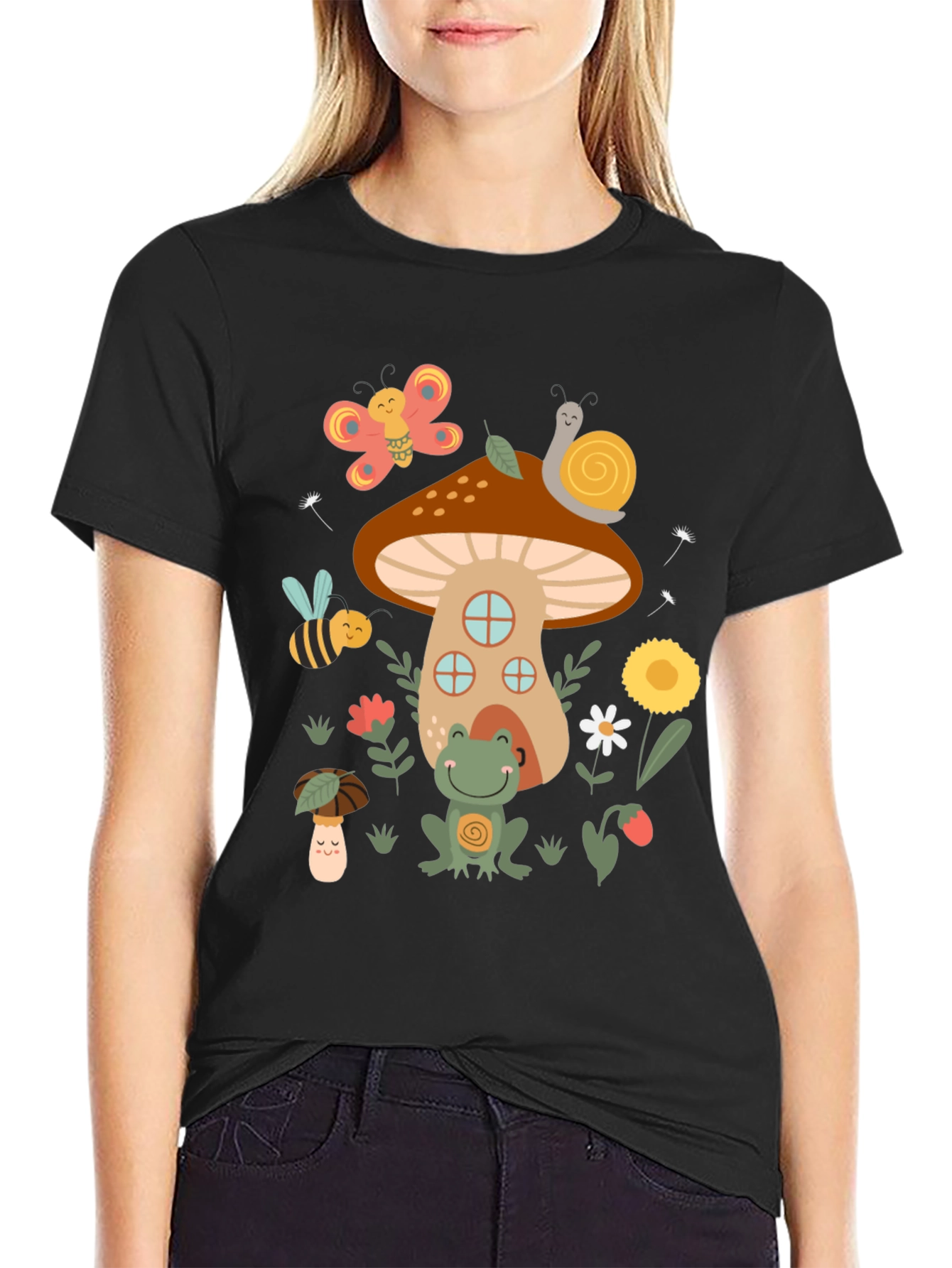 Black Cute Mushroom House Graphic T-Shirt view 2