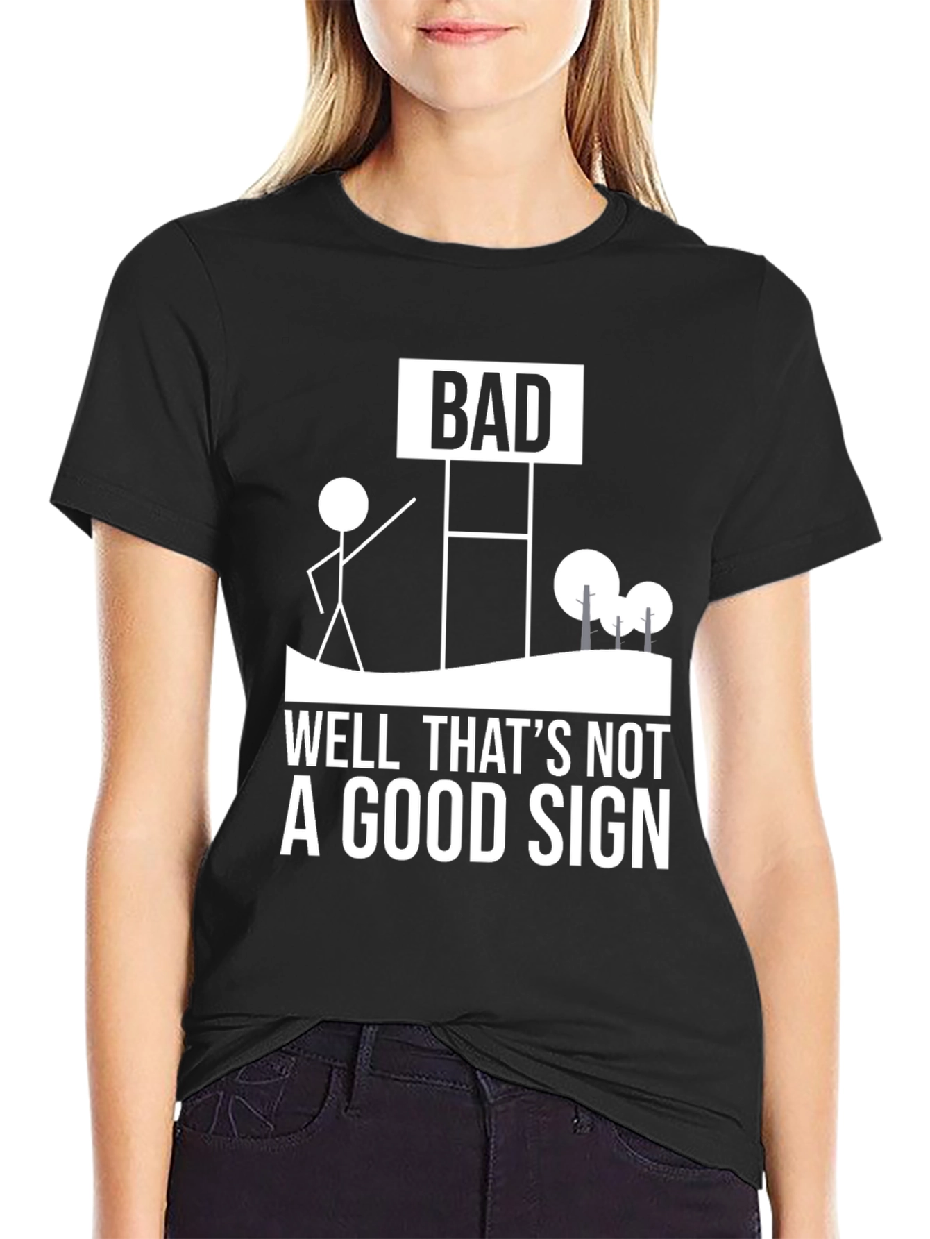 Black Funny "Bad Sign" Graphic Tee - Humorous Novelty Shirt view 2