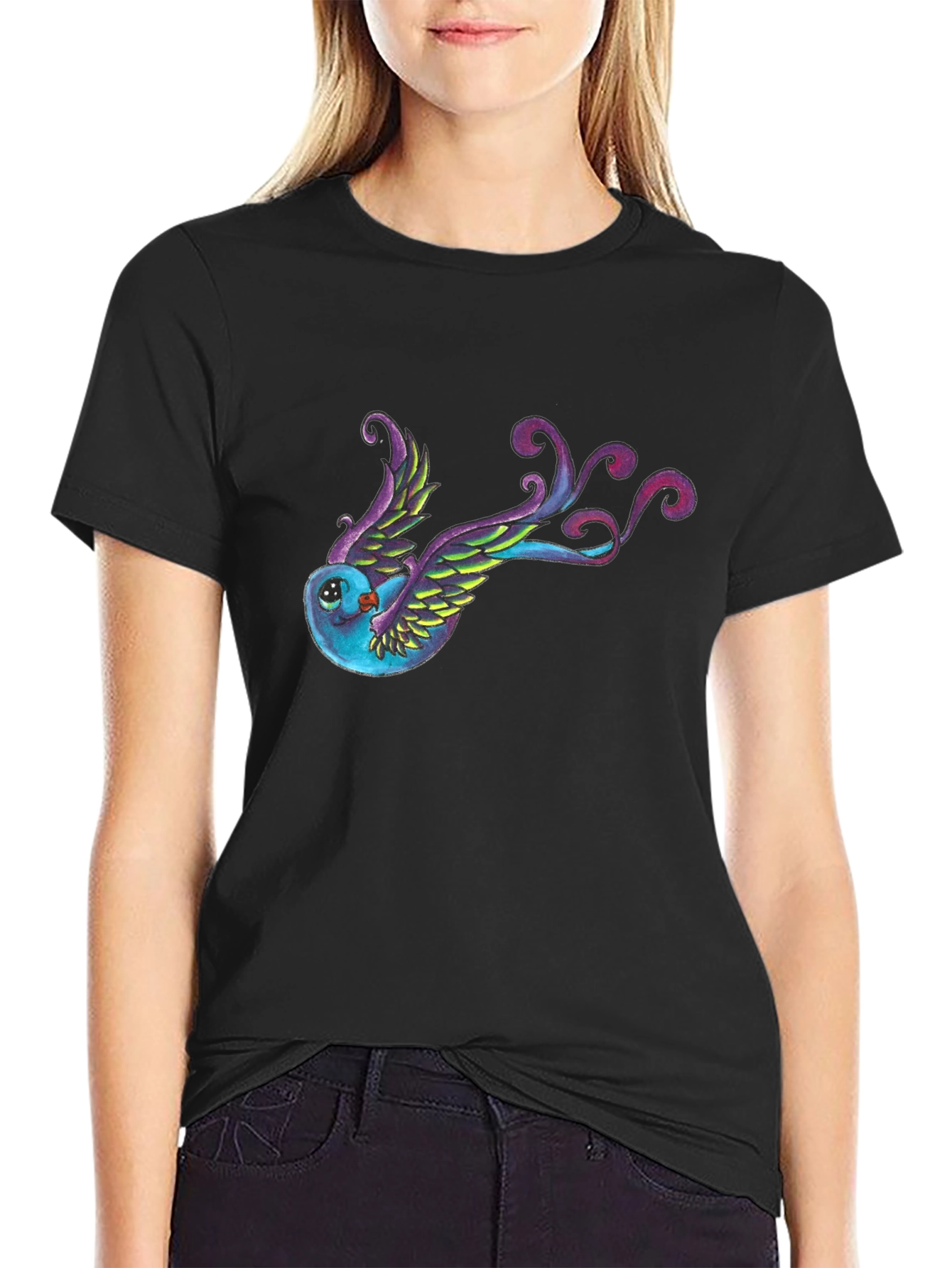Black Whimsical Bird Graphic Tee - Black Cotton Blend view 2