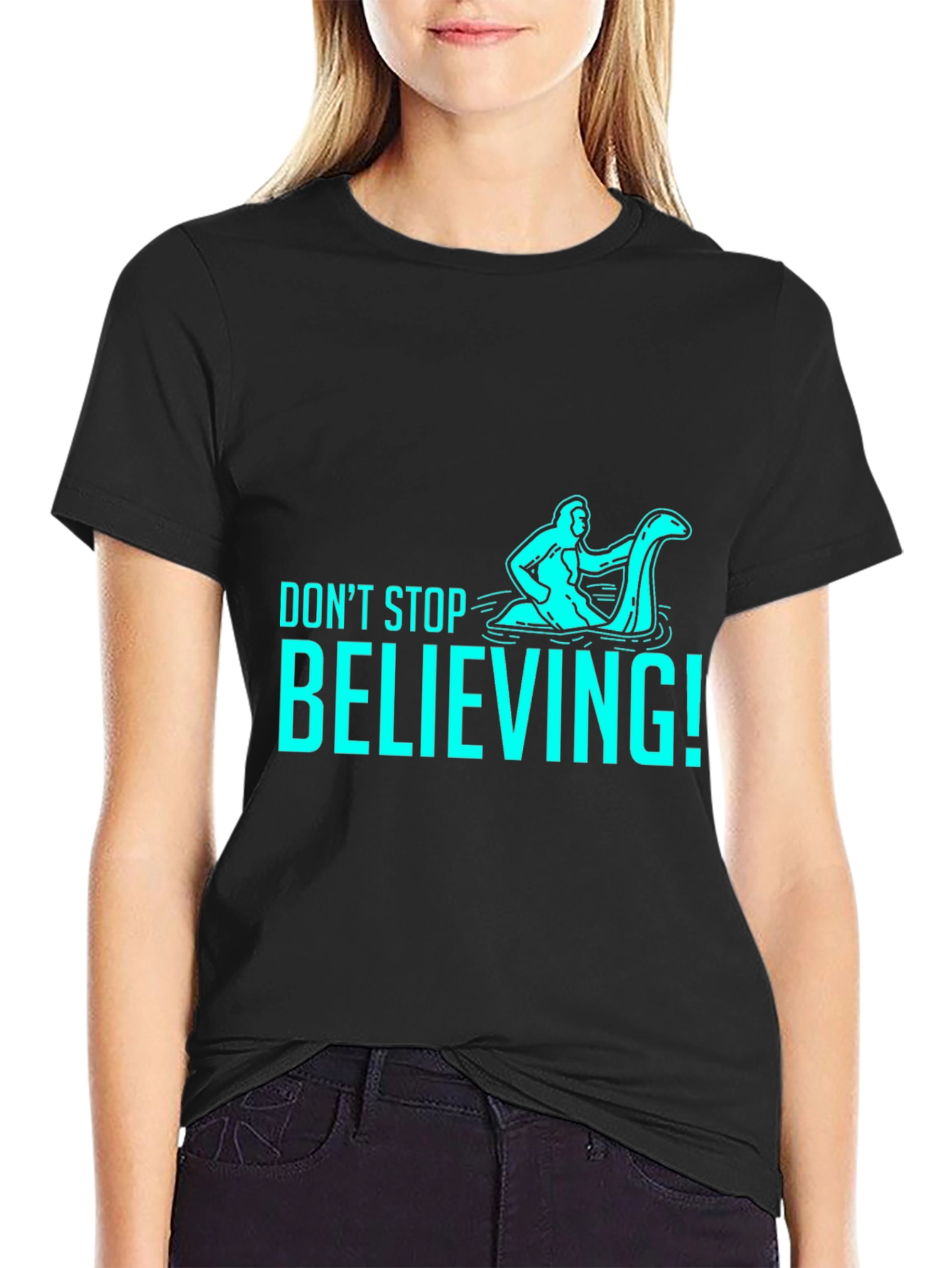Black Don't Stop Believing T-Shirt - Funny Loch Ness Monster view 2