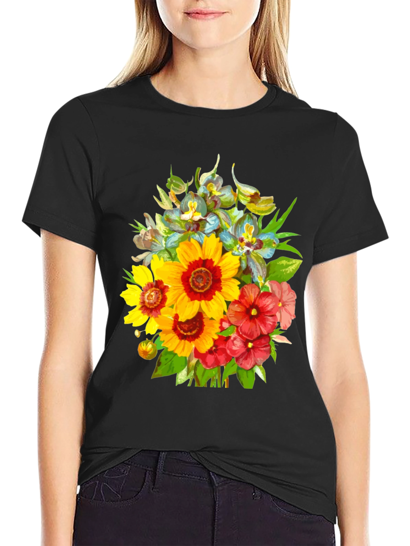 Black Floral Bouquet Graphic Tee - Stylish Men's Black T-Shirt view 2
