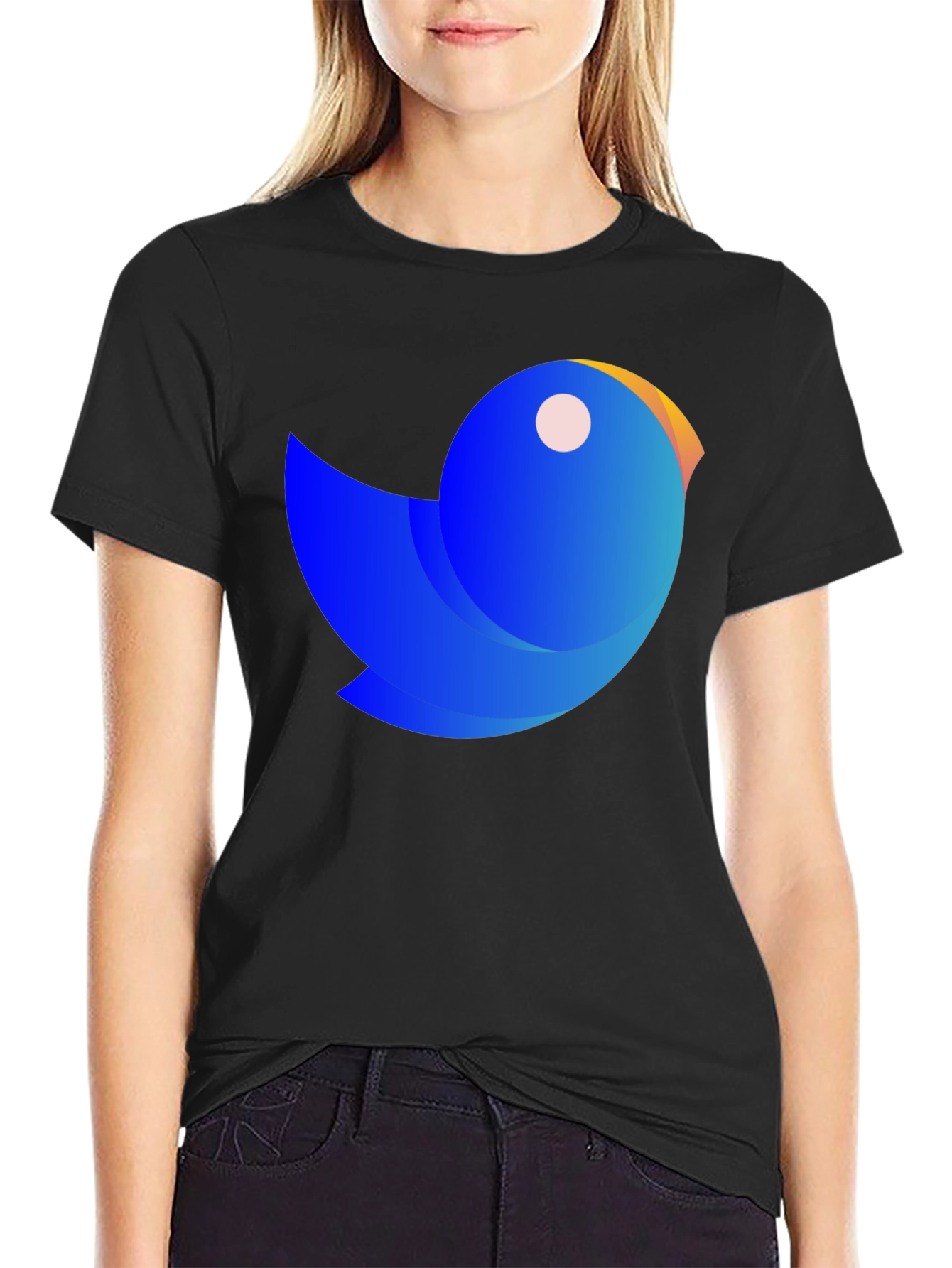 Black Abstract Blue Bird Graphic Tee - Casual Black T-Shirt view 2