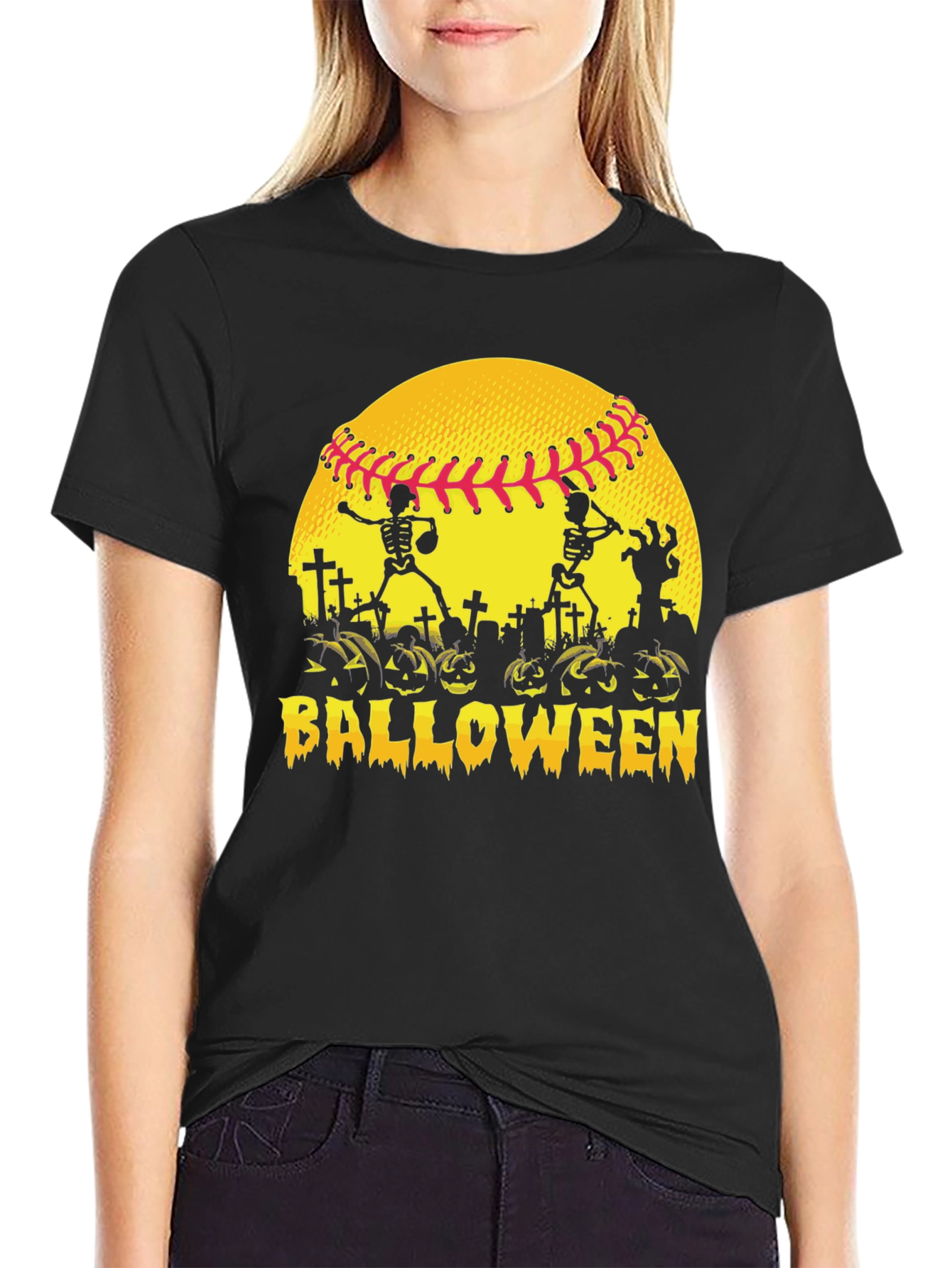 Black Halloween Baseball Skeleton T-Shirt view 2