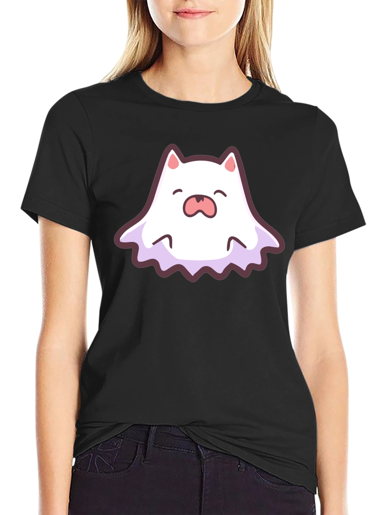 Black Cute Ghost Cat Graphic T-Shirt view 2
