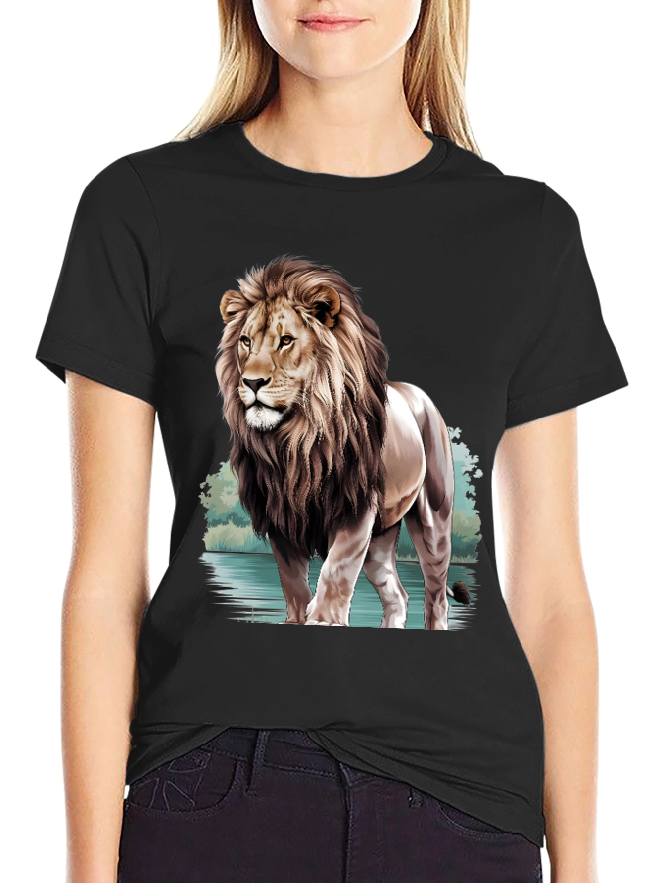 Black Lion Graphic Print Crew Neck T-Shirt view 2