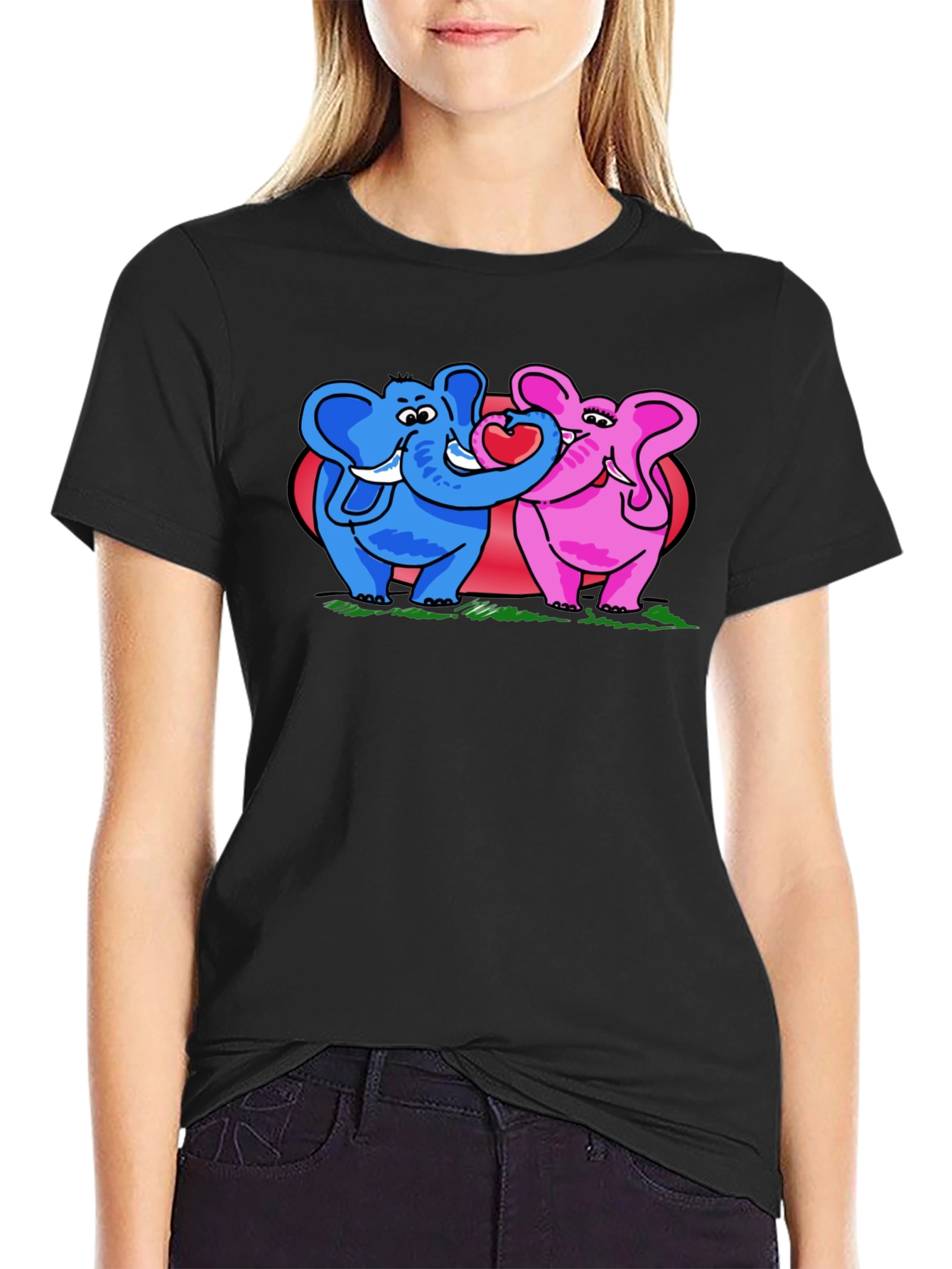 Black Elephant Love T-Shirt - Blue & Pink Elephants view 2