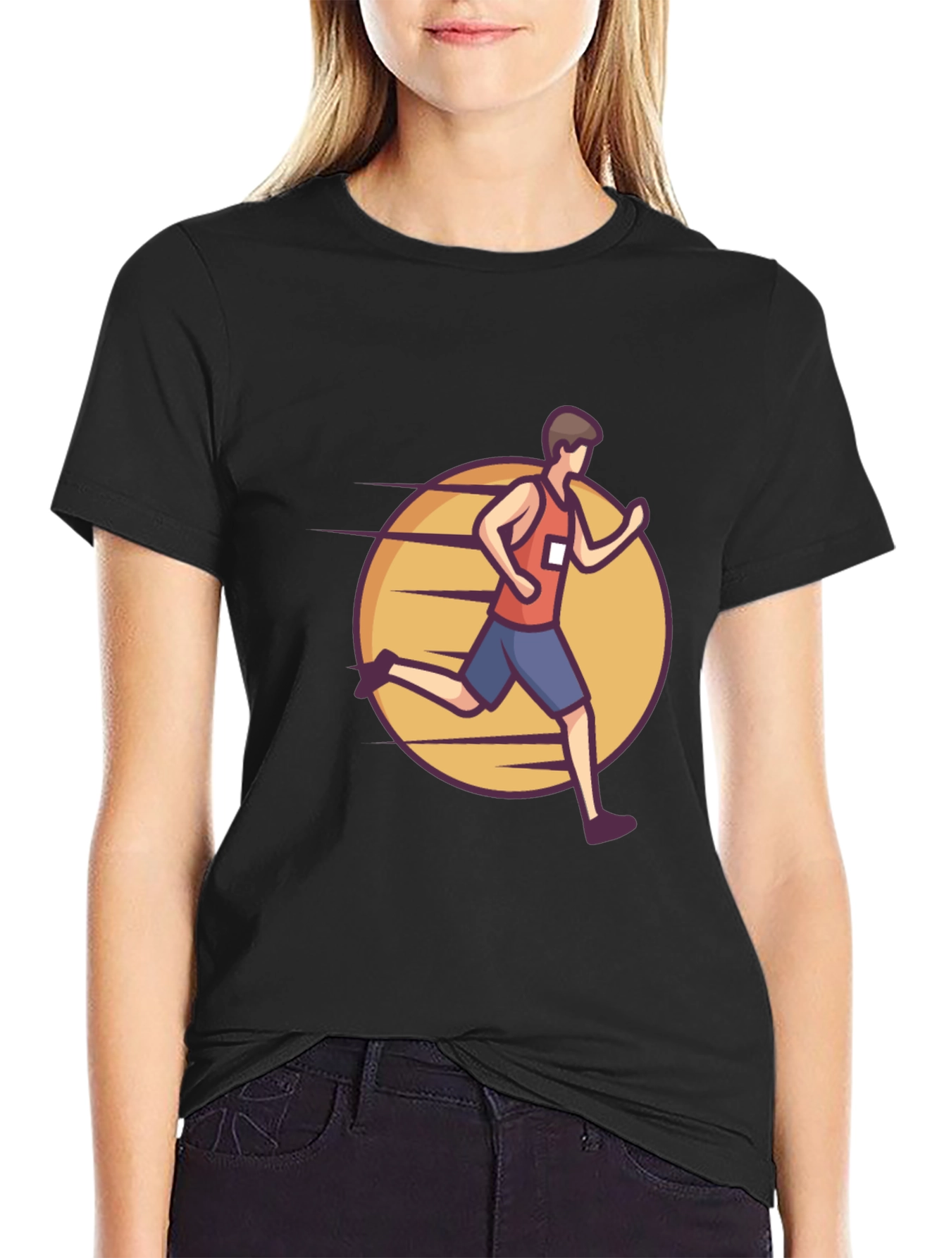 Black Black Graphic Tee: Cartoon Runner Design view 2