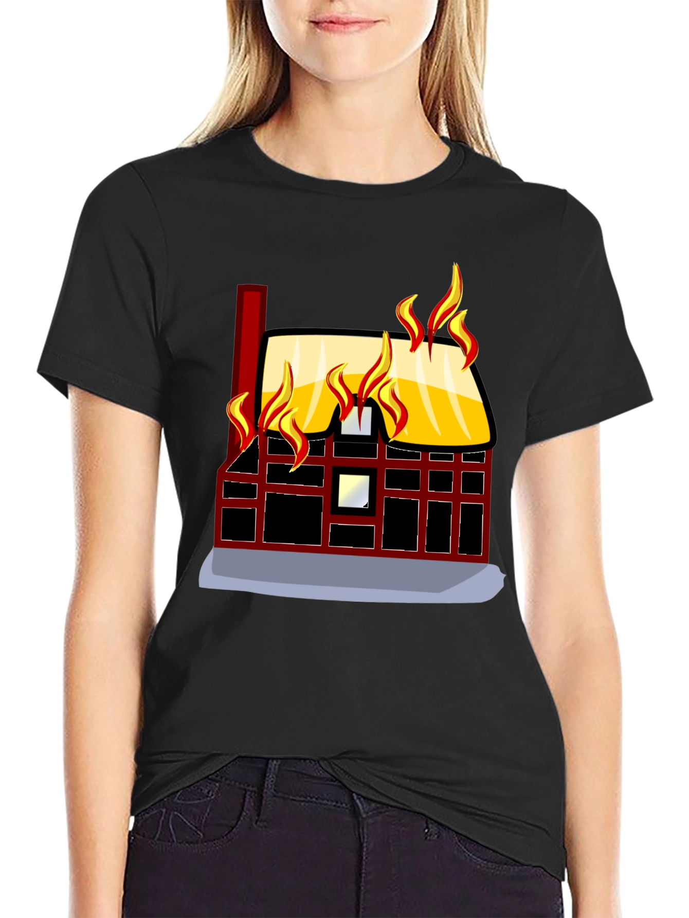 Black Burning House Graphic Tee - Bold Black T-Shirt view 2