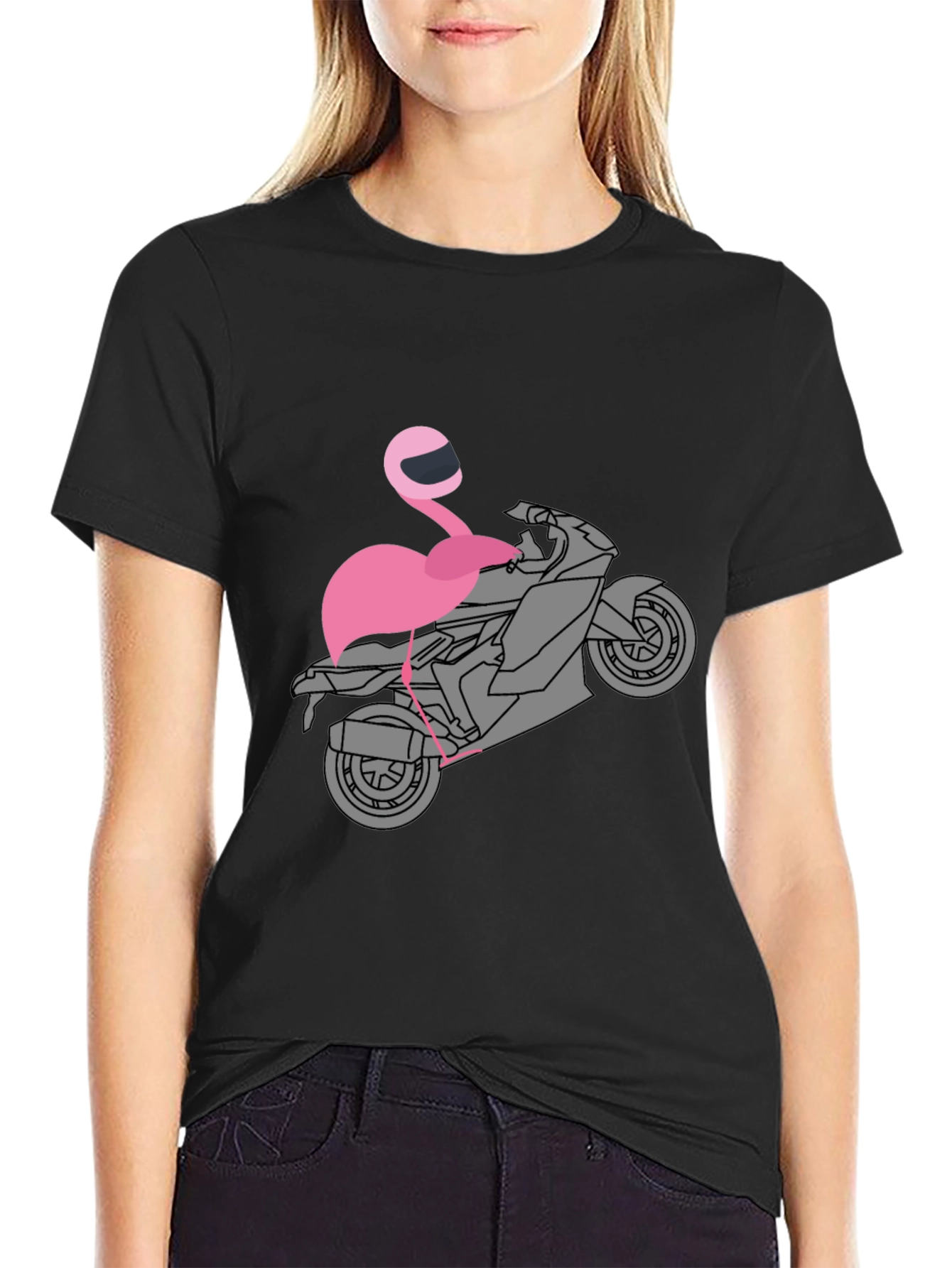 Black Flamingo Biker T-Shirt - Unique Graphic Tee view 2