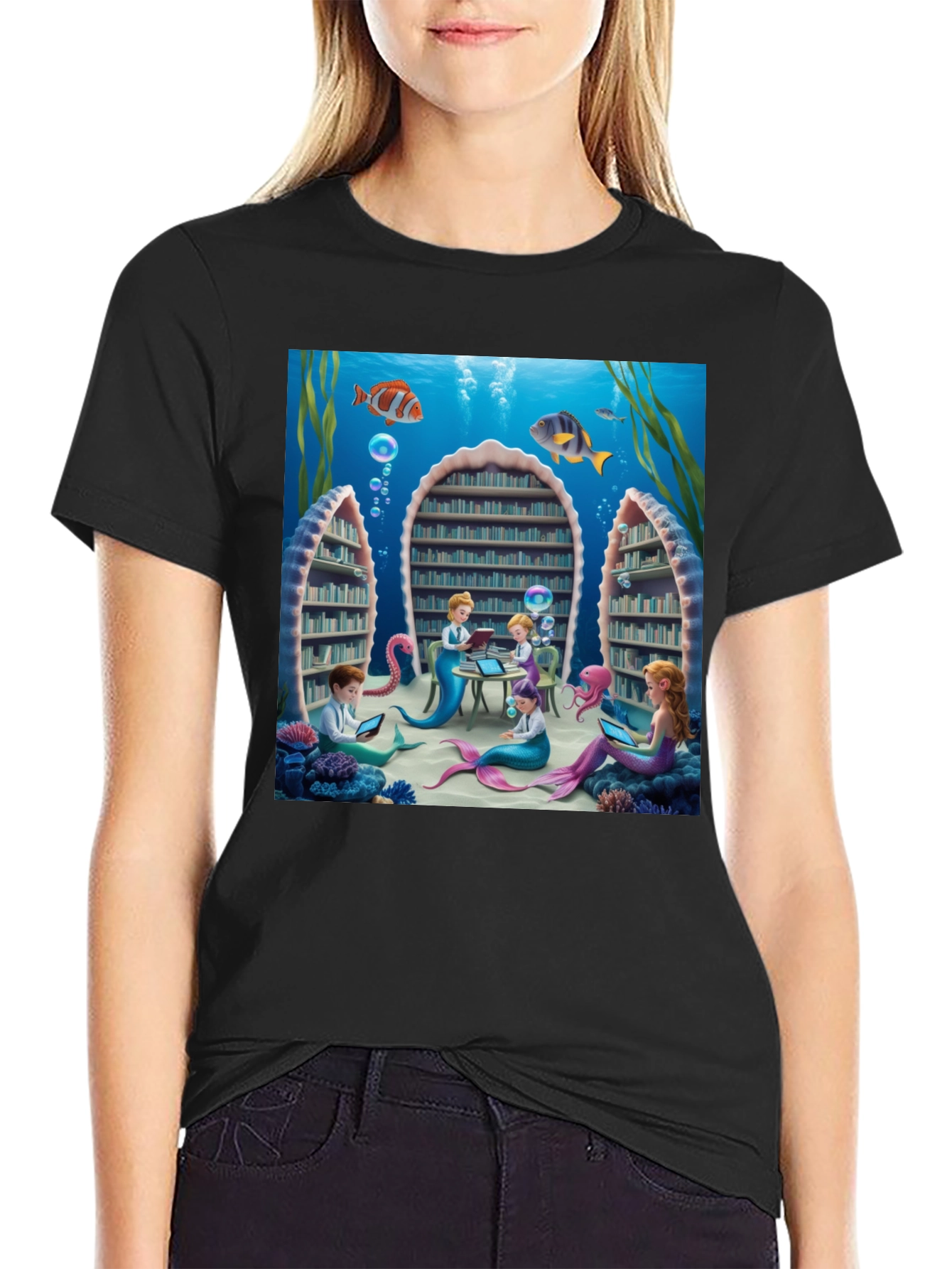 Black Mermaid Library T-Shirt view 2
