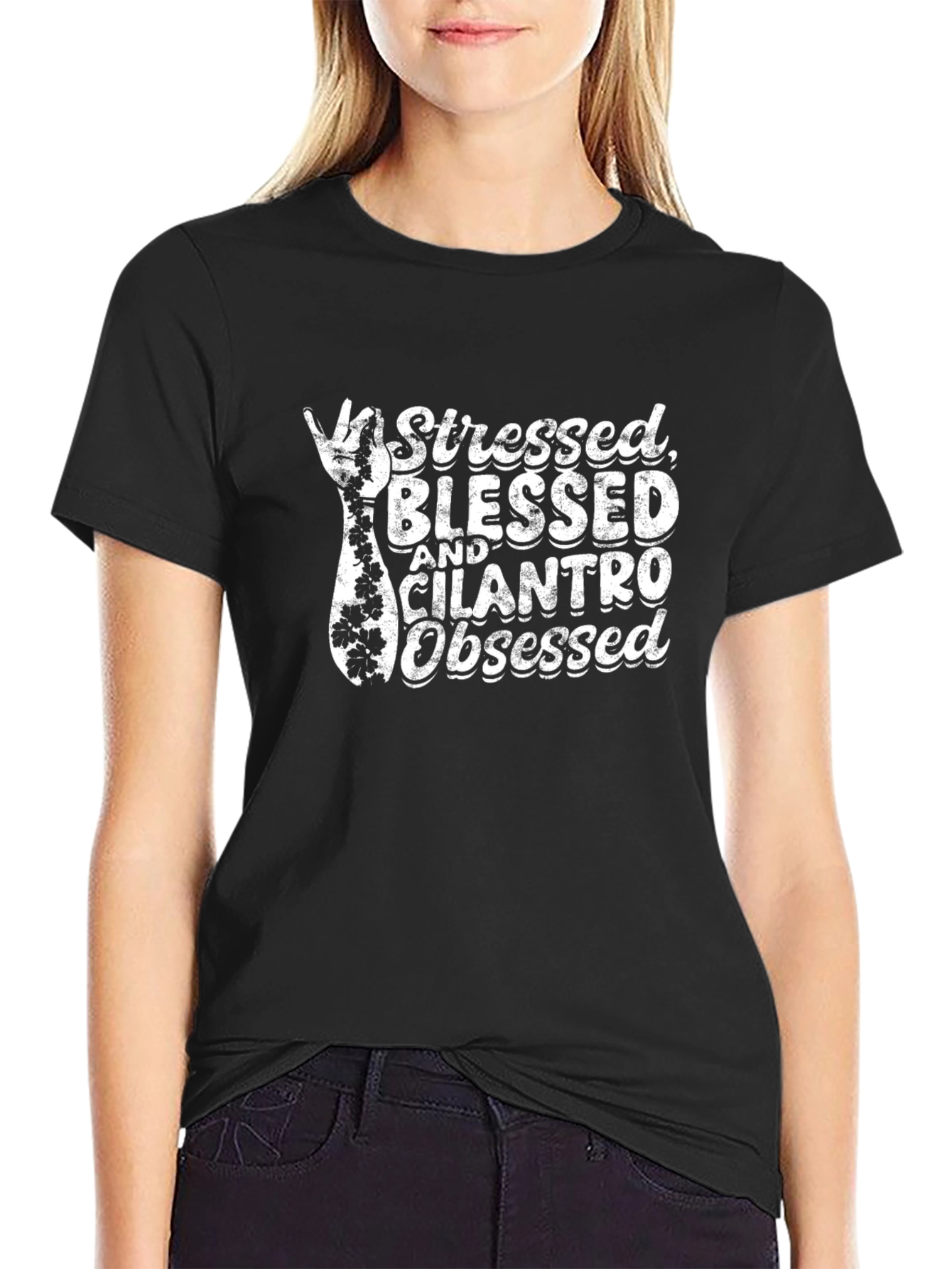 Black Unstressed Blessed Cilantro Obsessed Black T-Shirt view 2