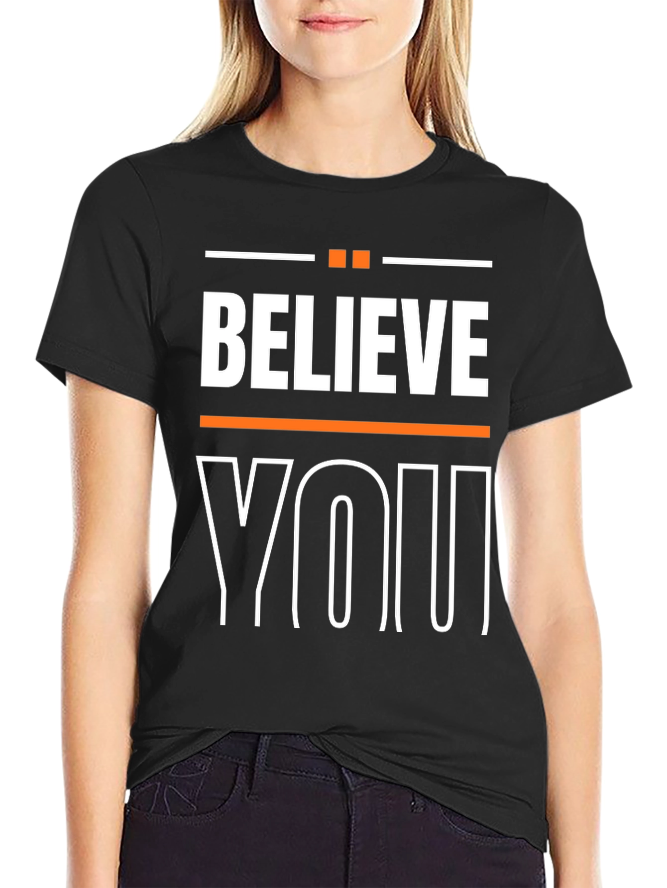 Black Believe In You Graphic Print Crew Neck T-Shirt view 2