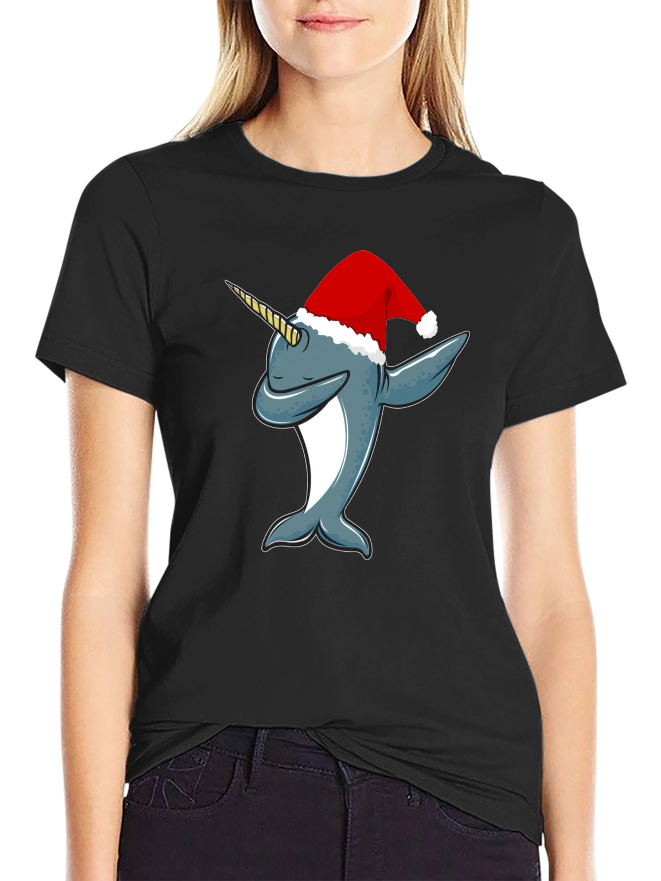 Black Dabbing Narwhal Christmas T-Shirt view 2