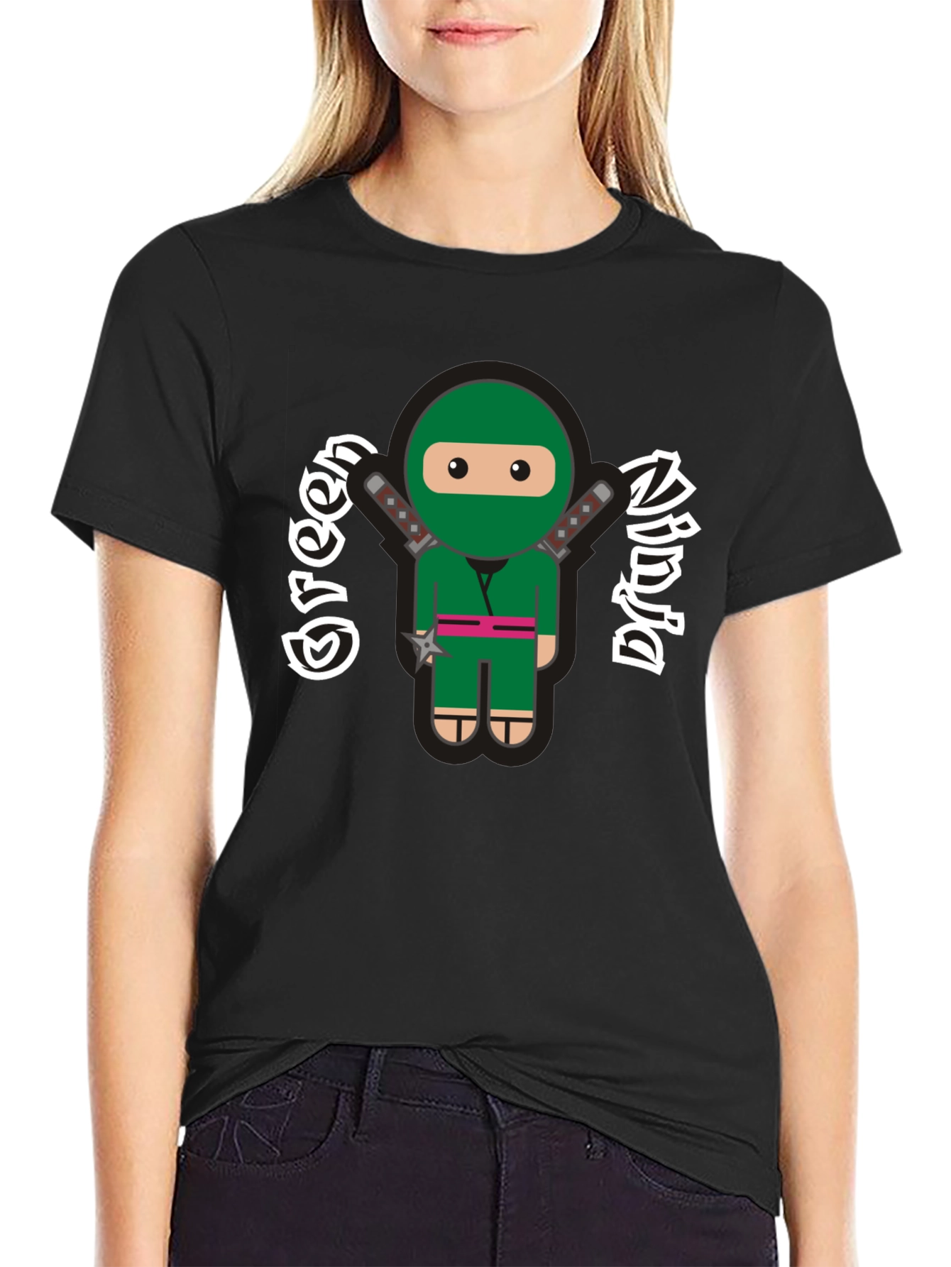 Black Green Ninja Cartoon Graphic T-Shirt view 2
