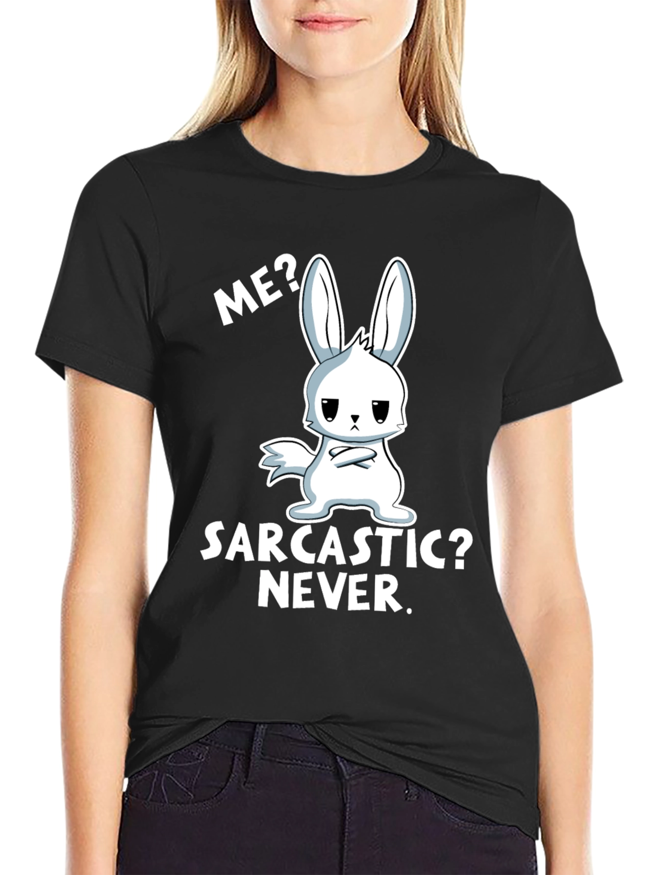 Black Sarcastic Bunny Graphic Tee - Me? Never! view 2