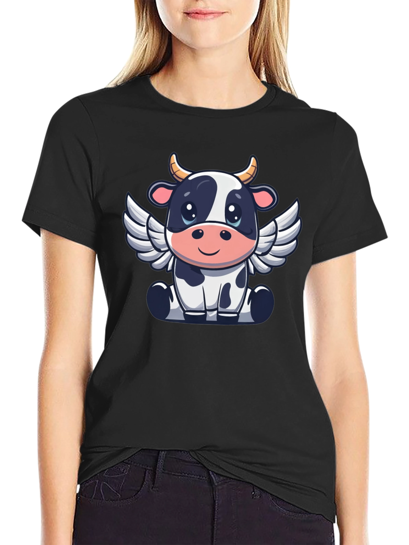 Black Cow Angel Graphic Tee - Black Cotton T-Shirt view 2