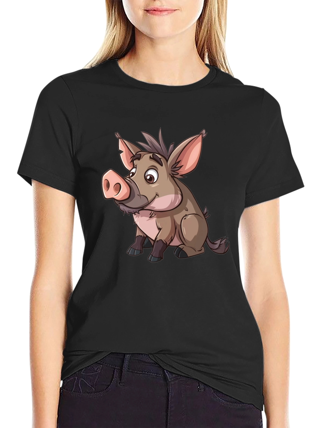 Black Boar Cartoon Graphic Black T-Shirt view 2