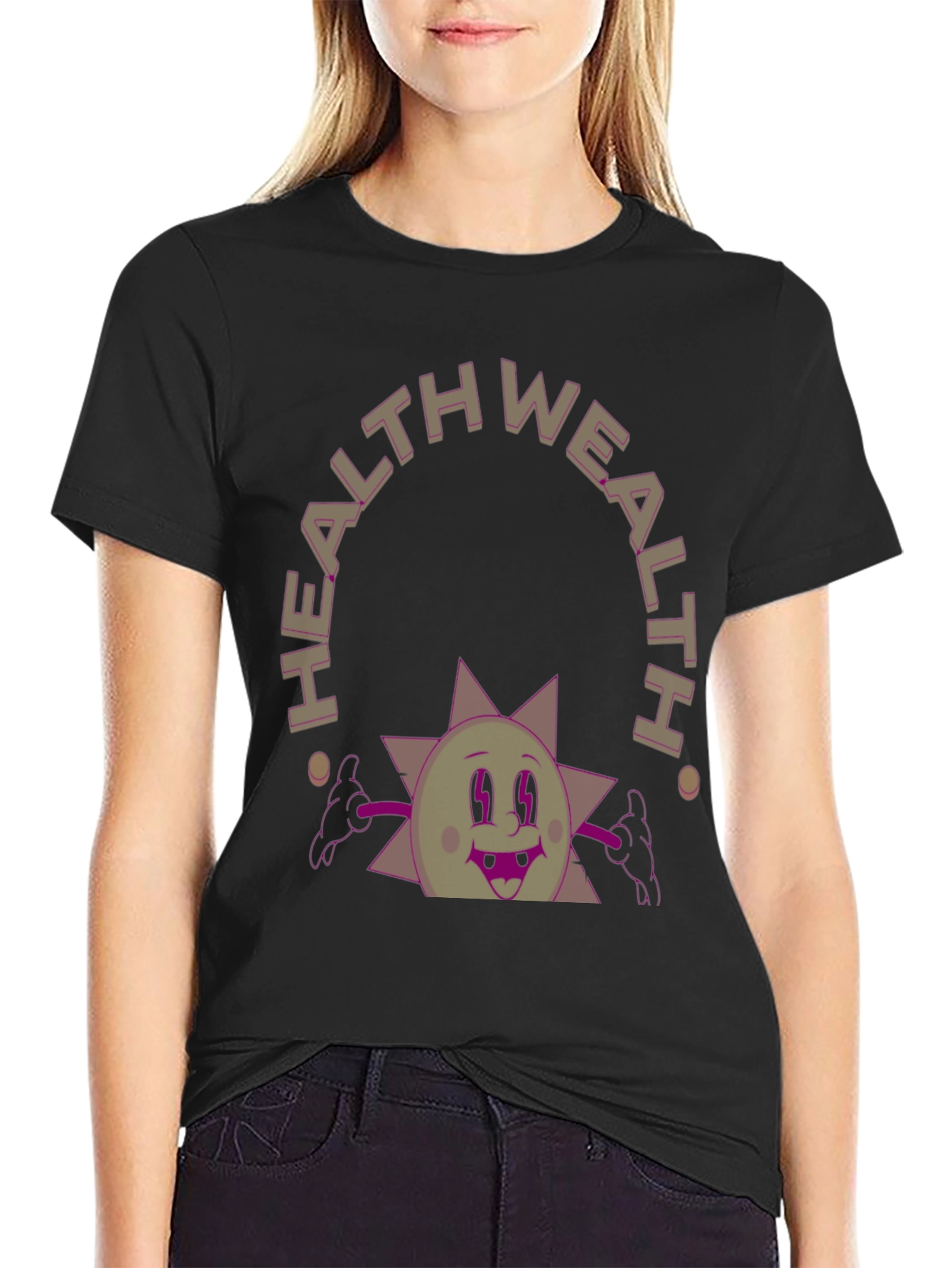 Black Health Wealth Cartoon Graphic Tee view 2