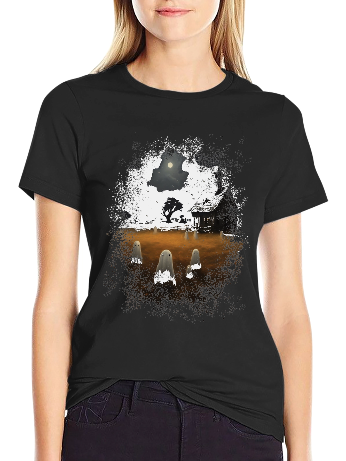 Black Spooky Ghost Scene Graphic T-Shirt view 2