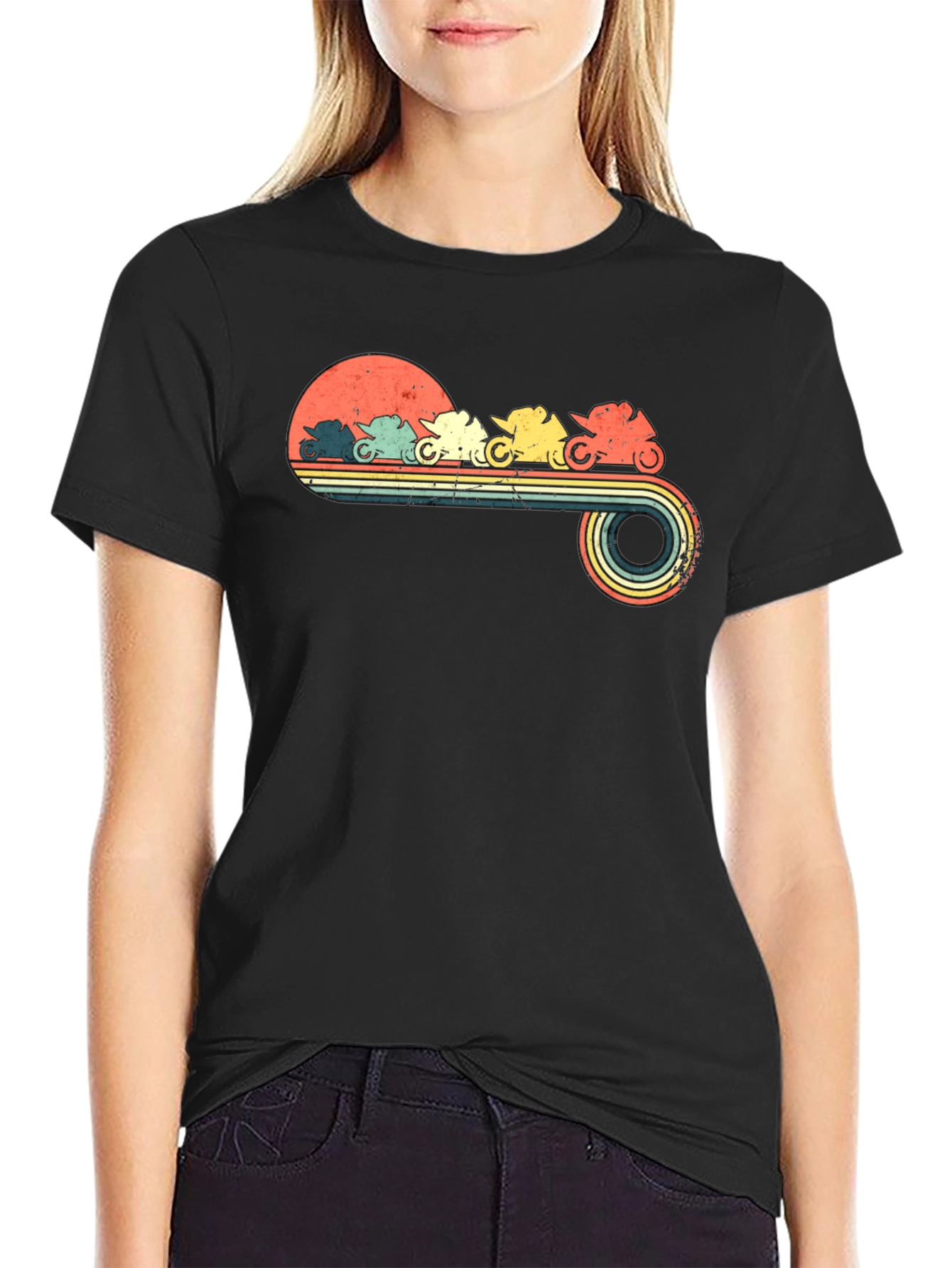 Black Retro Motorcycle Sunset Graphic T-Shirt view 2