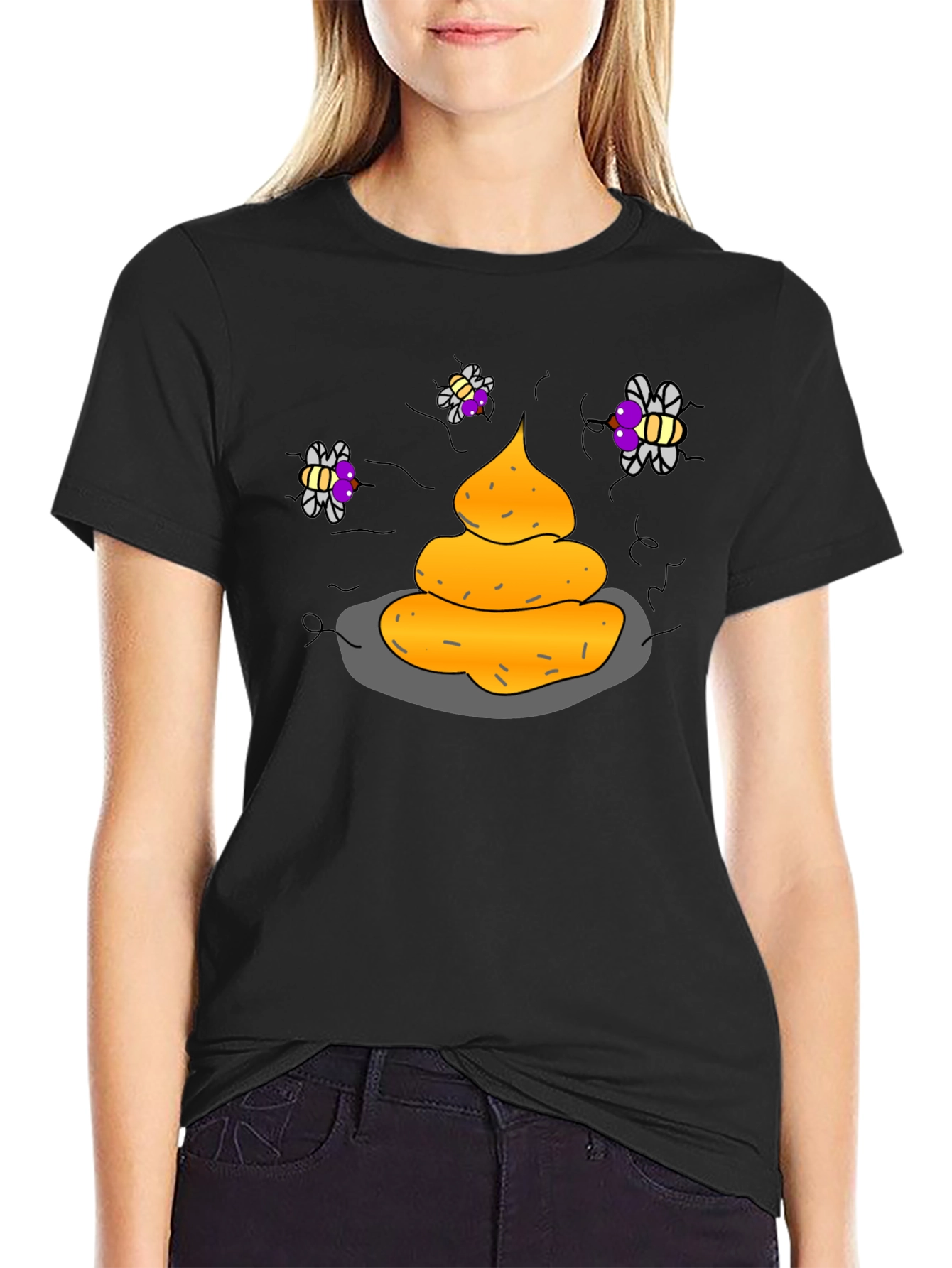 Black Humorous Graphic Tee - Funny Poop & Flies view 2
