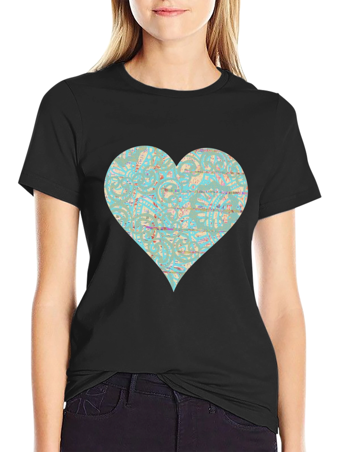 Black Patterned Heart Graphic Tee - Stylish Casual Wear view 2