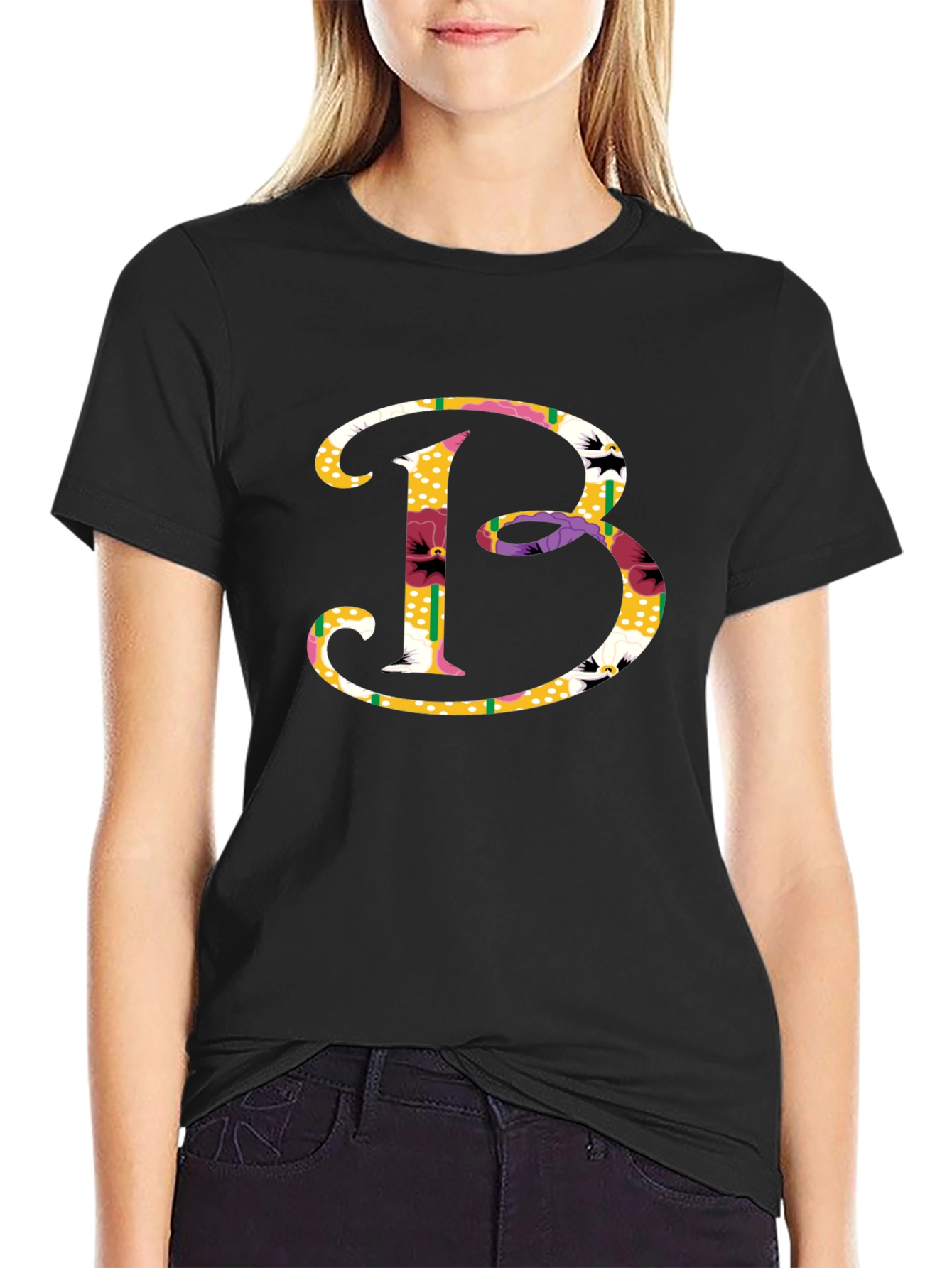 Black Floral Letter B Graphic Tee - Stylish Cotton Blend view 2