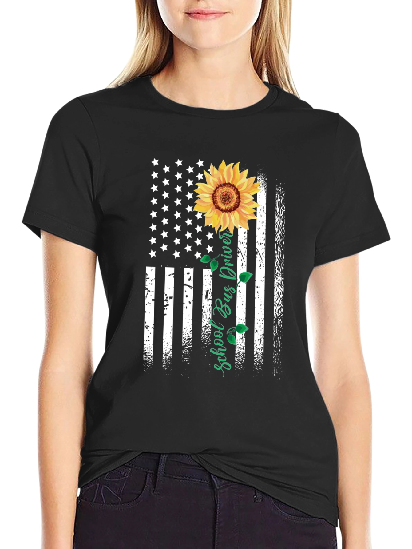 Black Sunflower American Flag School Bus Driver T-Shirt view 2
