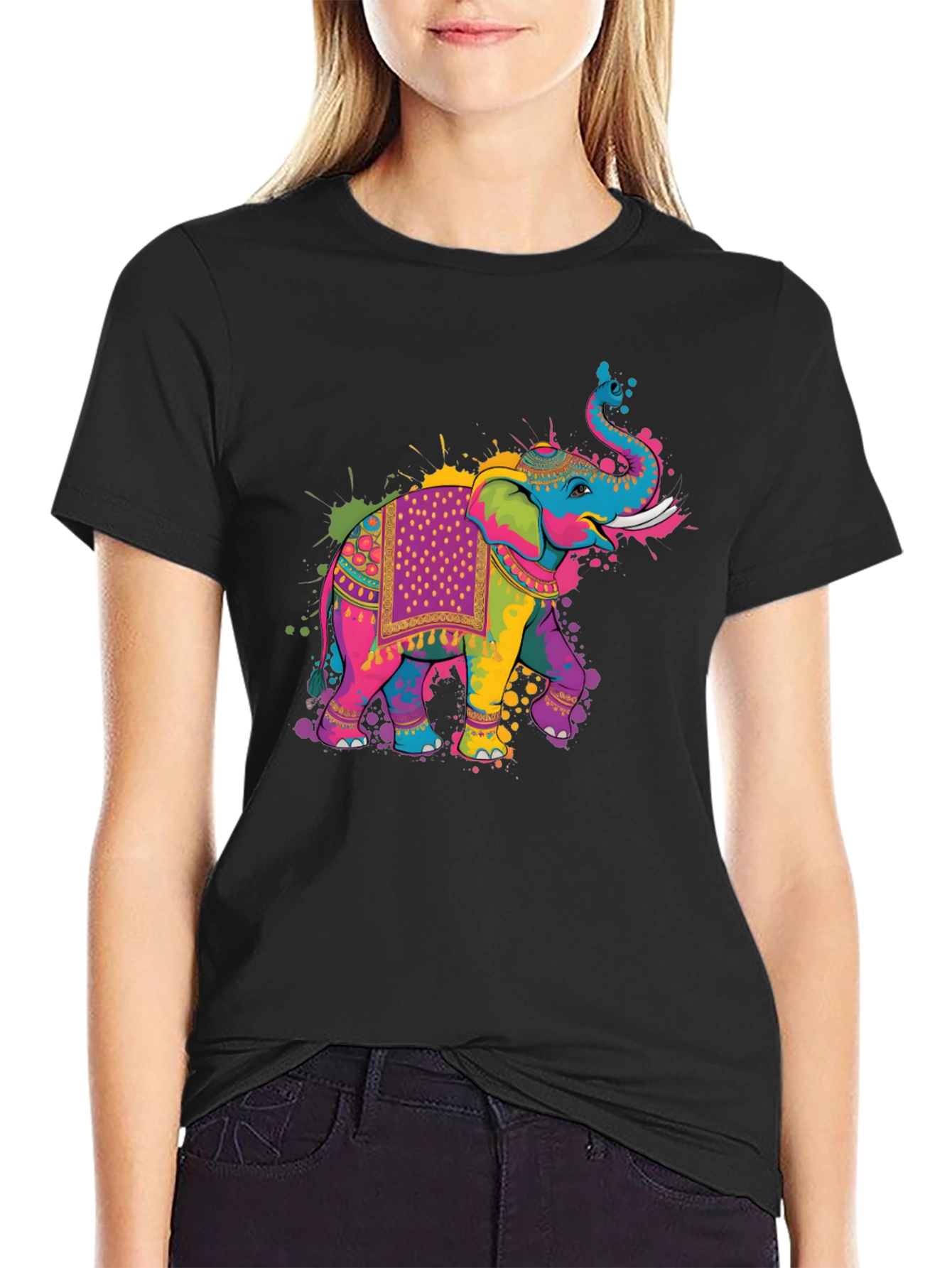 Black Colorful Elephant Graphic T-Shirt view 2