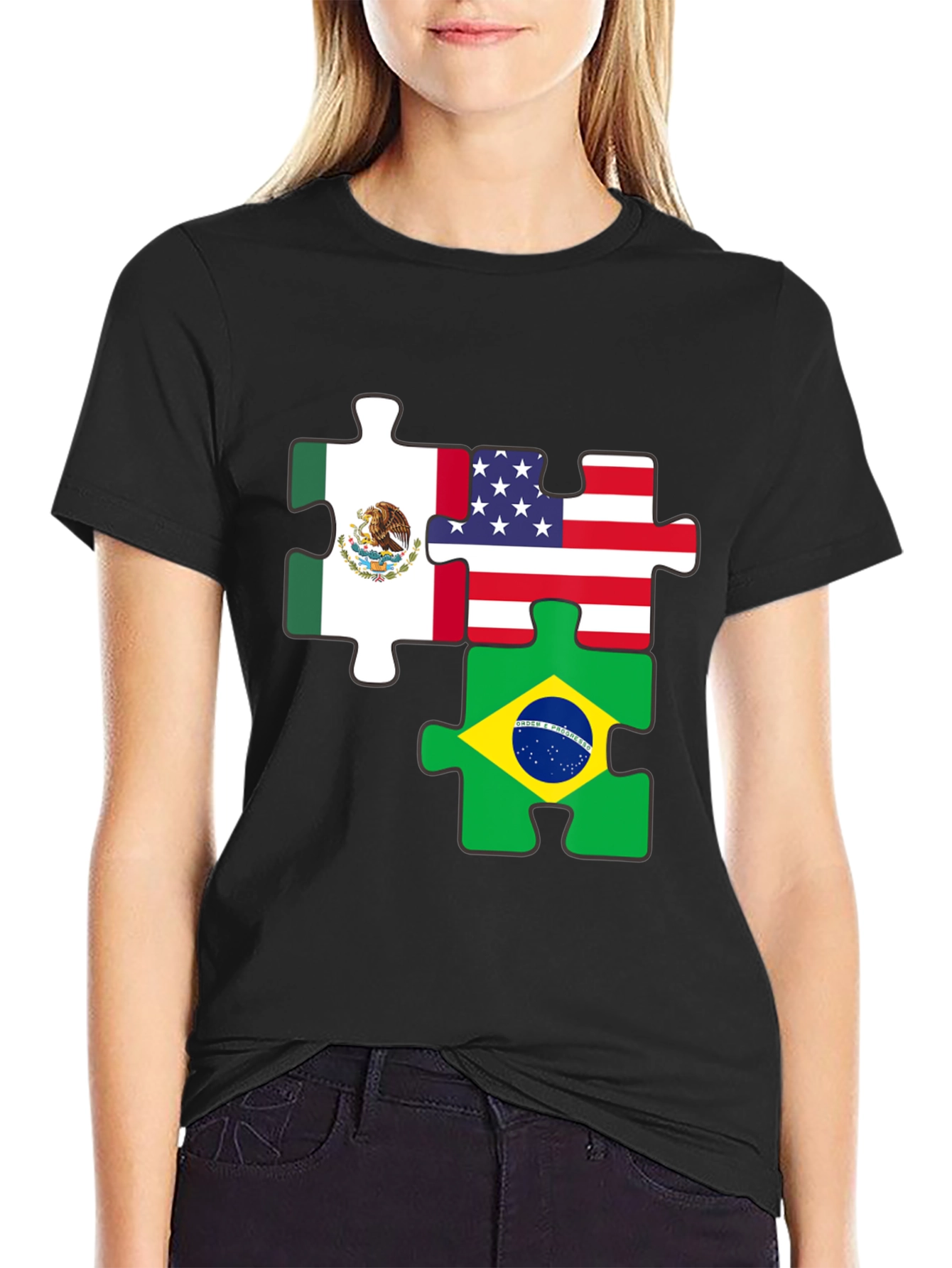 Flags Puzzle T-Shirt - Mexico, USA, Brazil - 2