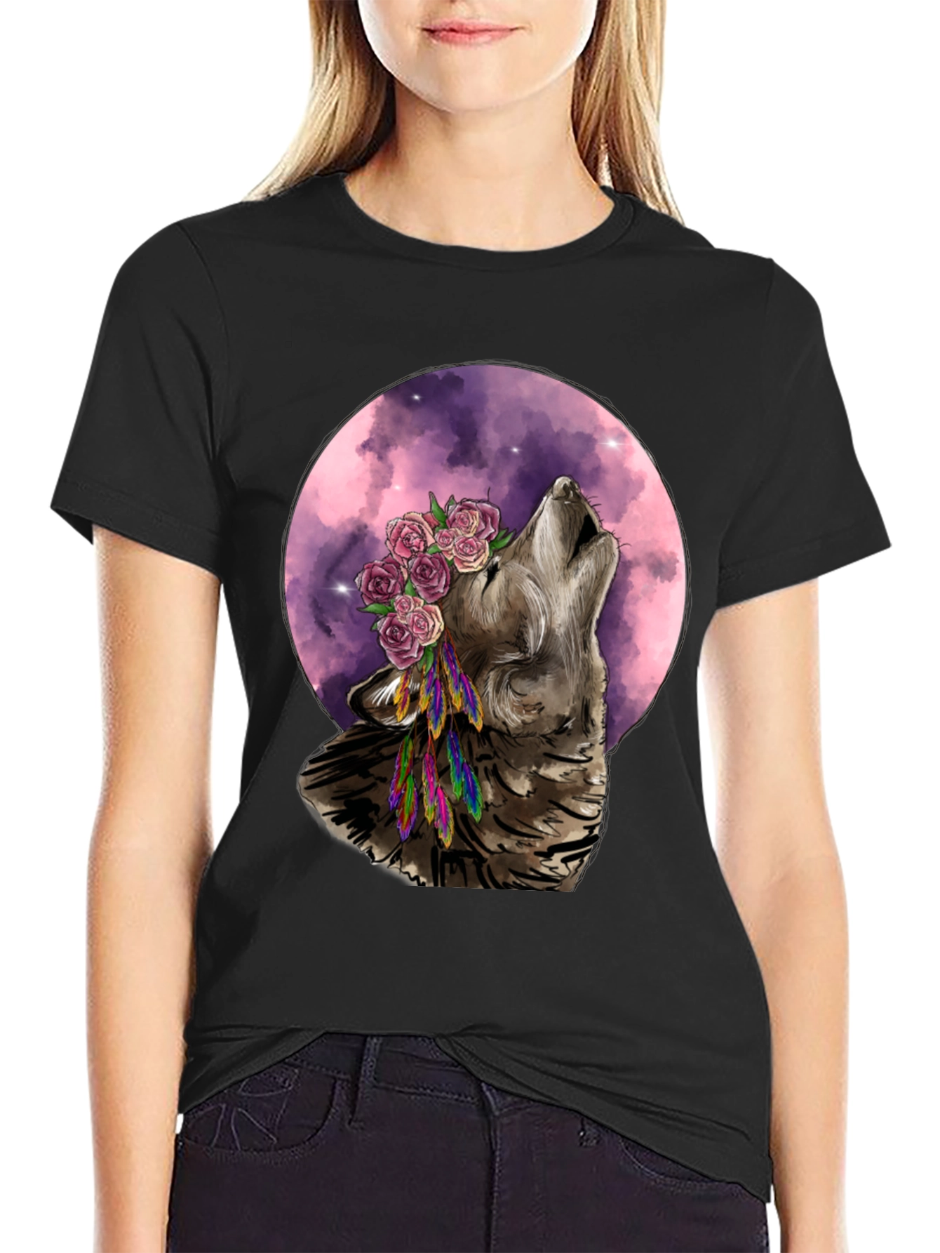 Black Wolf Moon Flower Crown T-Shirt - Nature Inspired Graphic Tee view 2