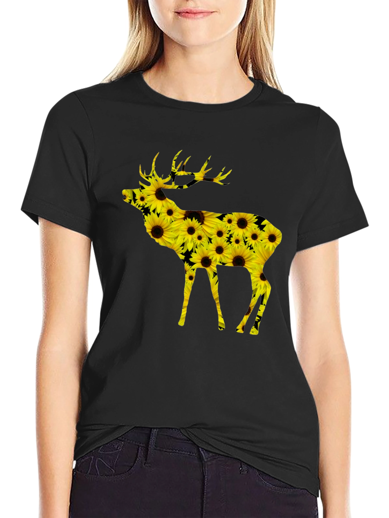 Black Sunflower Deer Graphic Tee - Black view 2