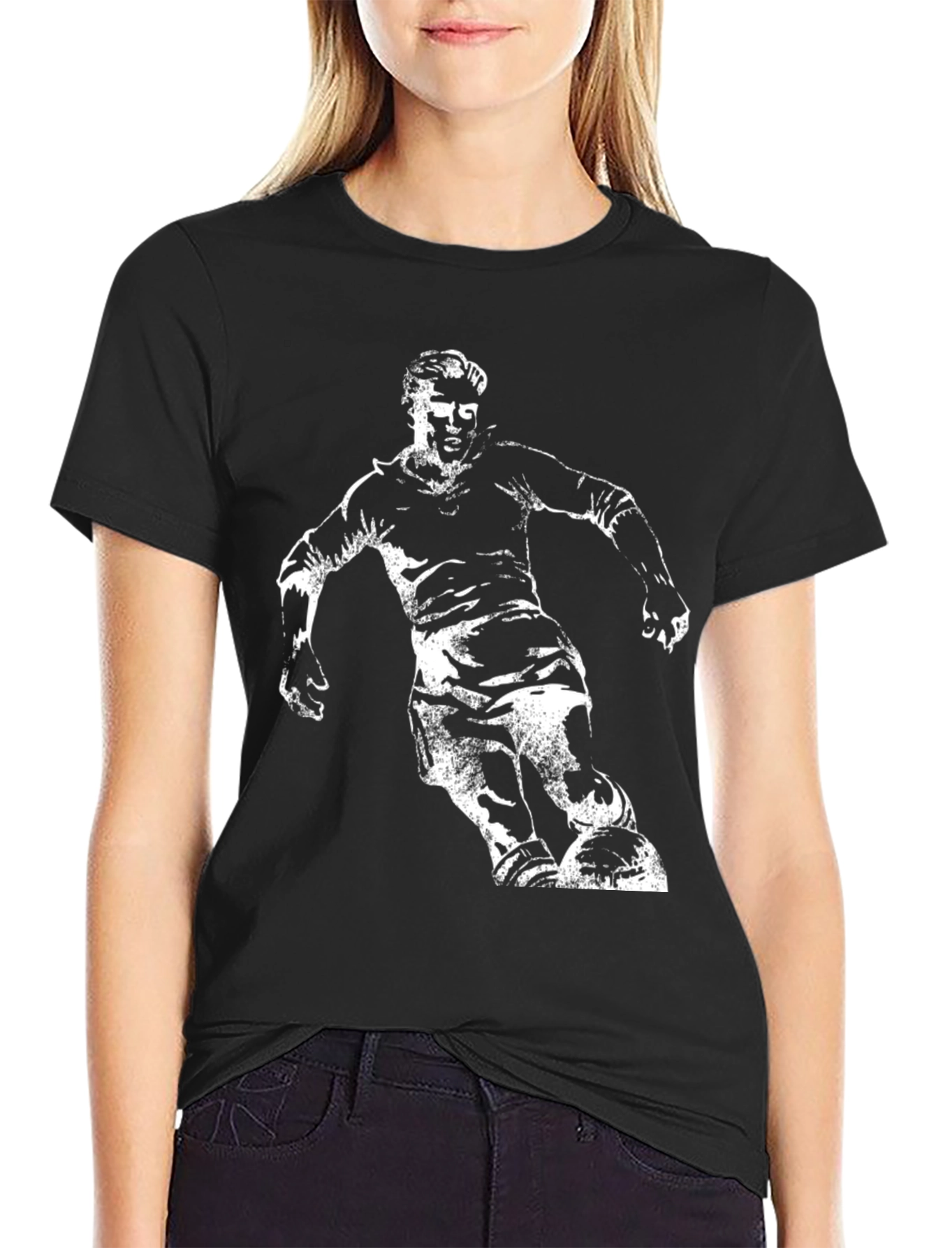 Black Soccer Player Graphic Tee - Black Cotton Casual T-Shirt view 2