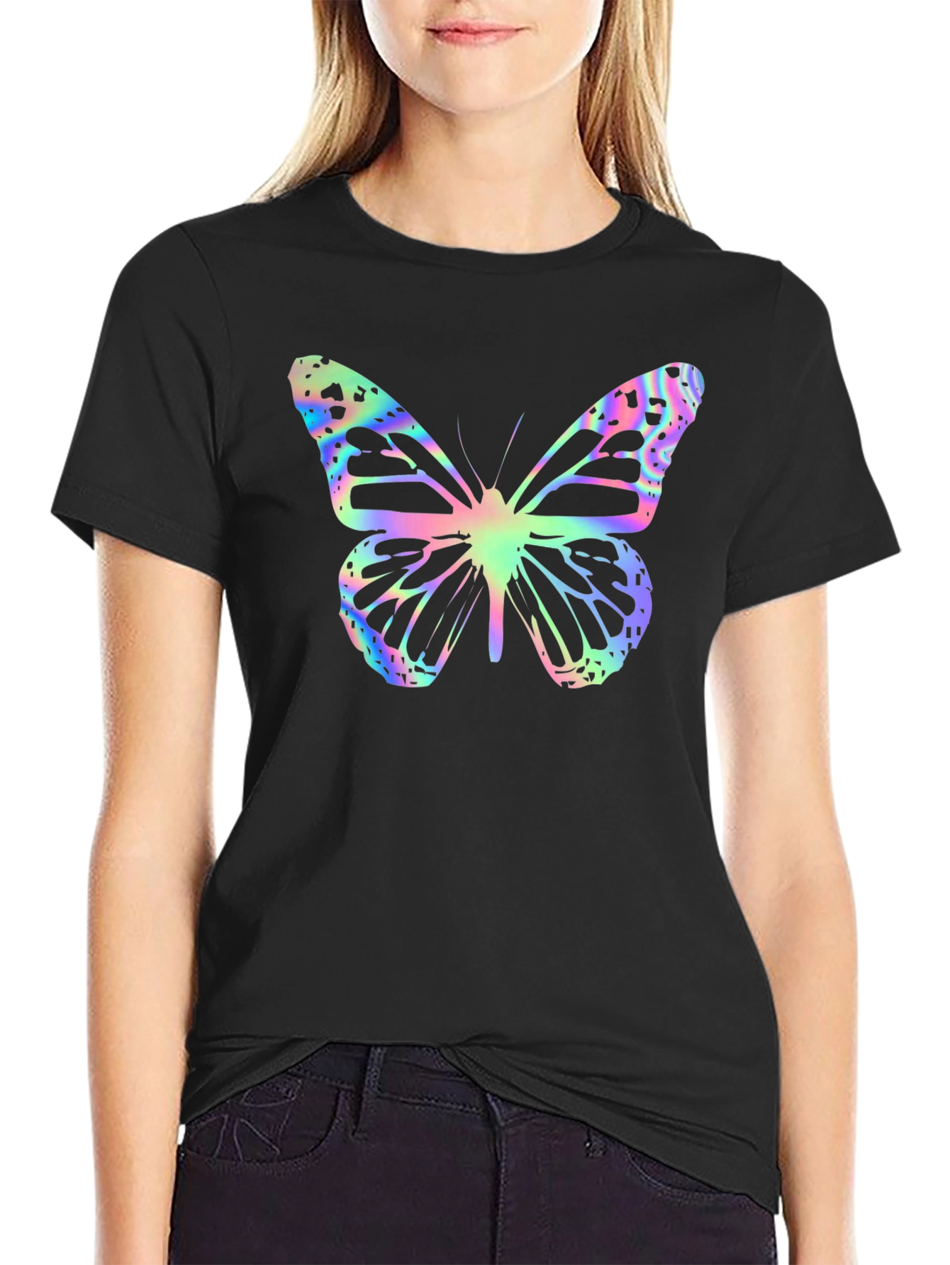 Black Butterfly Print Black T-Shirt view 2